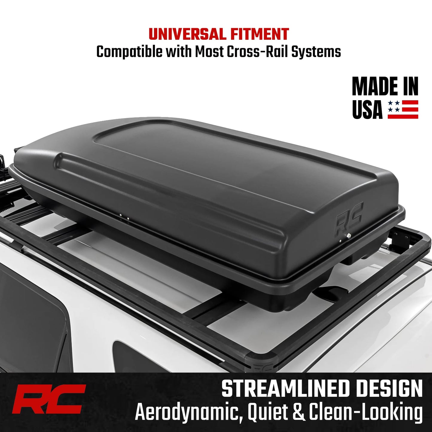 Rough Country Rooftop Cargo Box 14.5 Cu Ft – Hard Shell Roof Rack Storage Carrier, Strut Assisted, Lockable & Weatherproof, No Drill Install