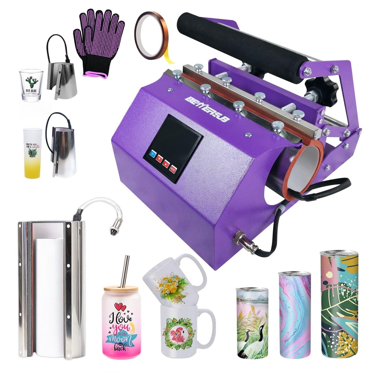 BetterSub 3in1 Tumbler Mug Heat Press Machine 30 OZ 20 OZ 16 OZ Sublimation Straight Skinny Tumbler Mug 3 OZ 1.5 OZ Shot Glass,11 OZ 15 OZ 16 OZ Sublimation Mug Heat Transfer (3in1 Purple)
