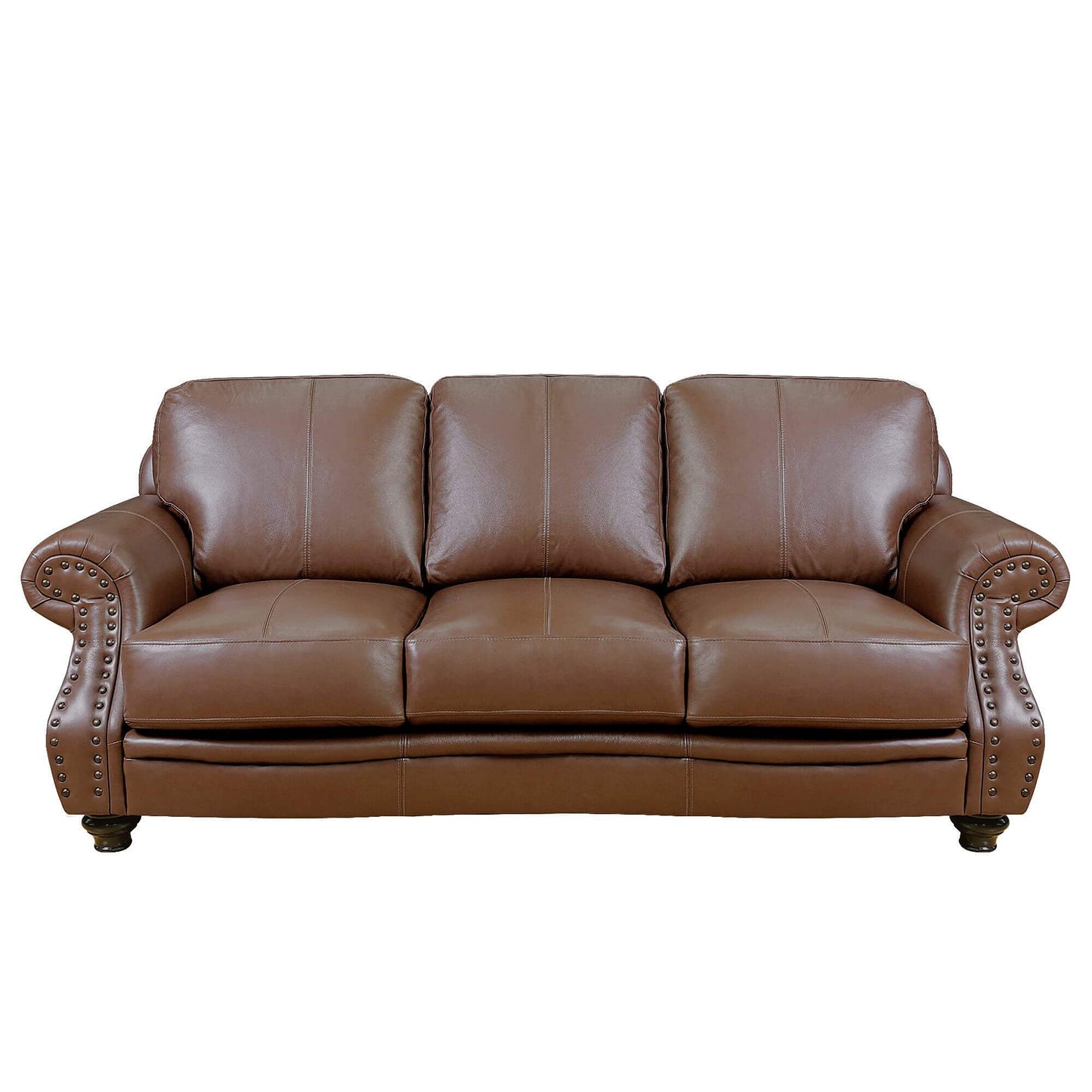 Sunset Trading Charleston 86" Wide Top Grain Leather Sofa | Chestnut Brown Classic 3 Seater Rolled Arm Couch with Nailheads