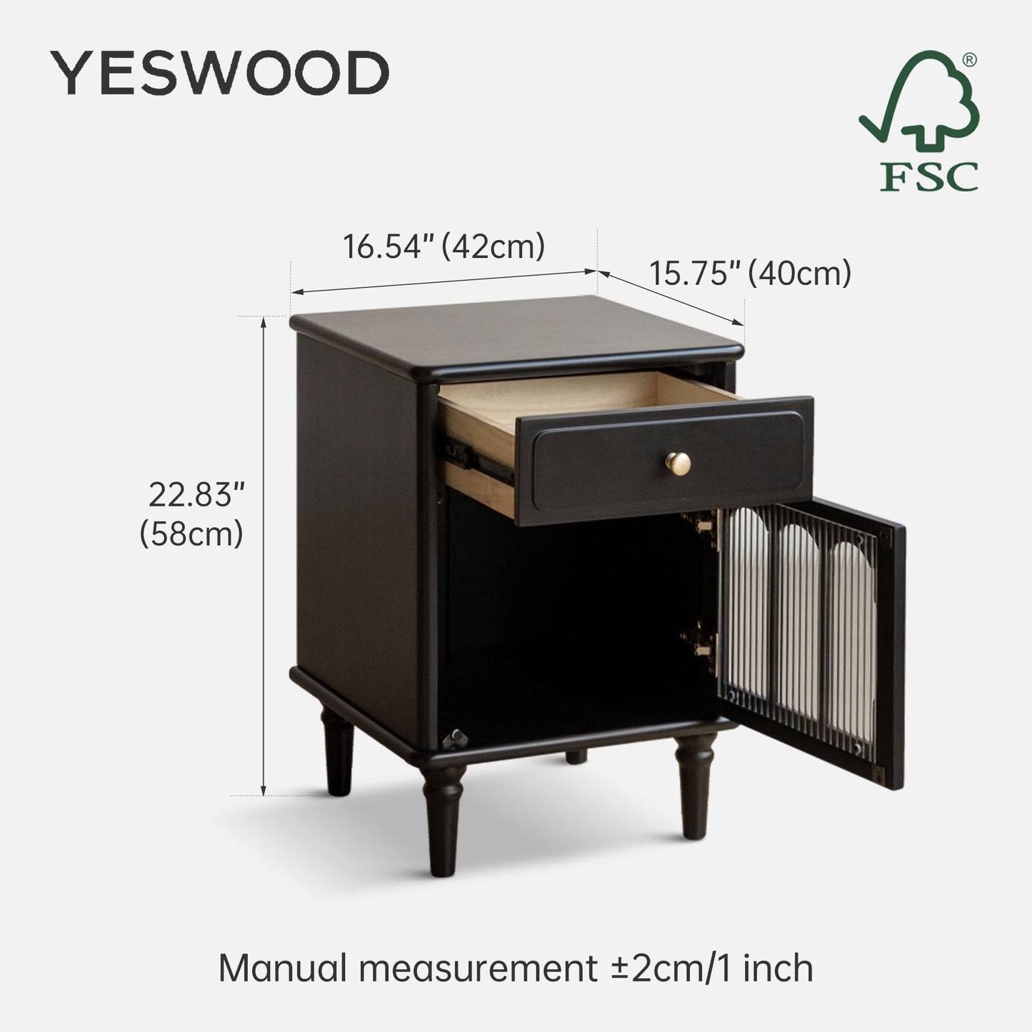 YESWOOD 100% Solid Wood Nightstand with Drawer and Fluted Glass Door – Mid Century Modern Farmhouse Bedside Table, Wooden Storage Cabinet, Black, Right-Opening Door, 15.75" D x 16.54" W x 22.83" H