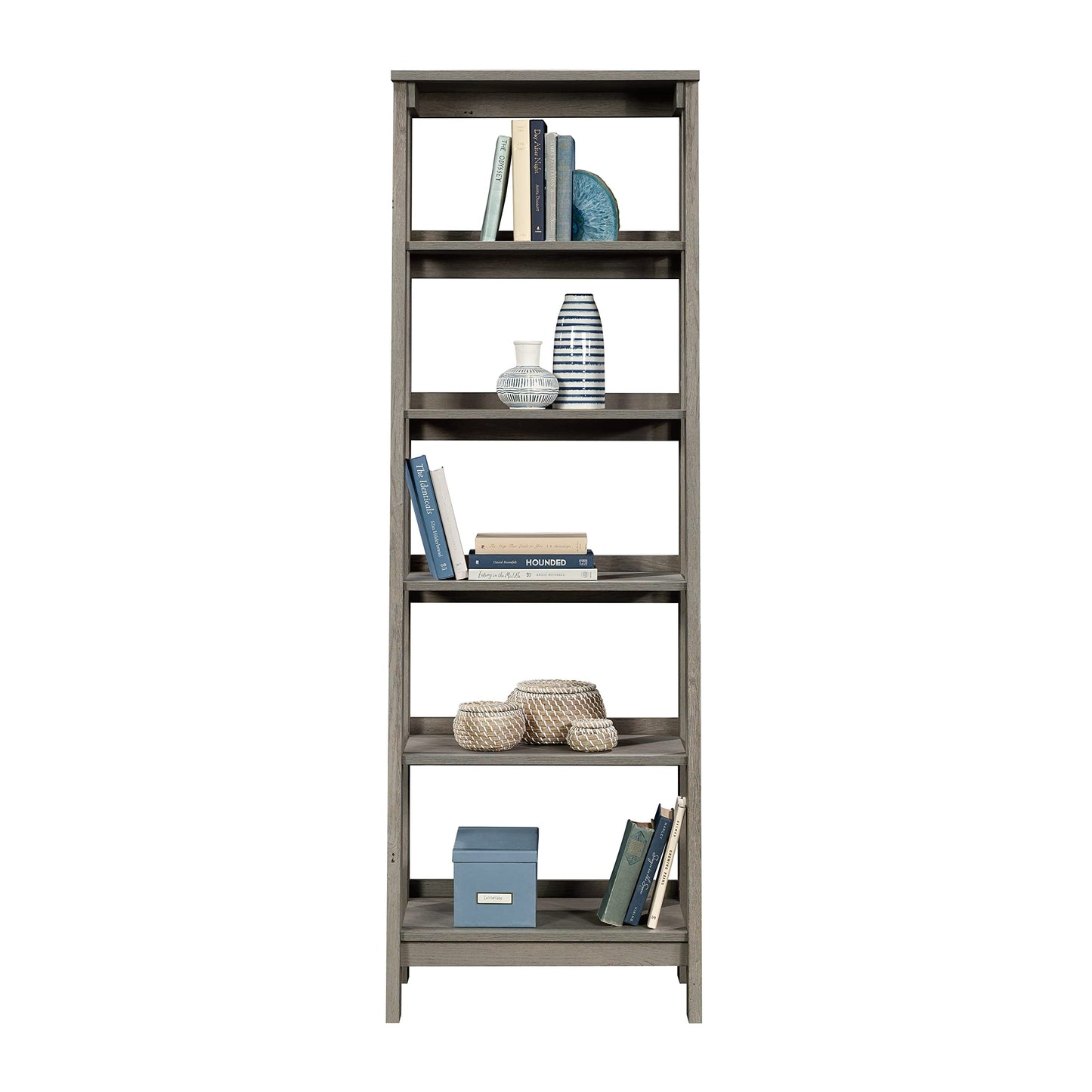 Sauder Ladder Bookshelf 5 Tier Trestle Ladder Shelf Wooden Bookcase, in Mystic Oak