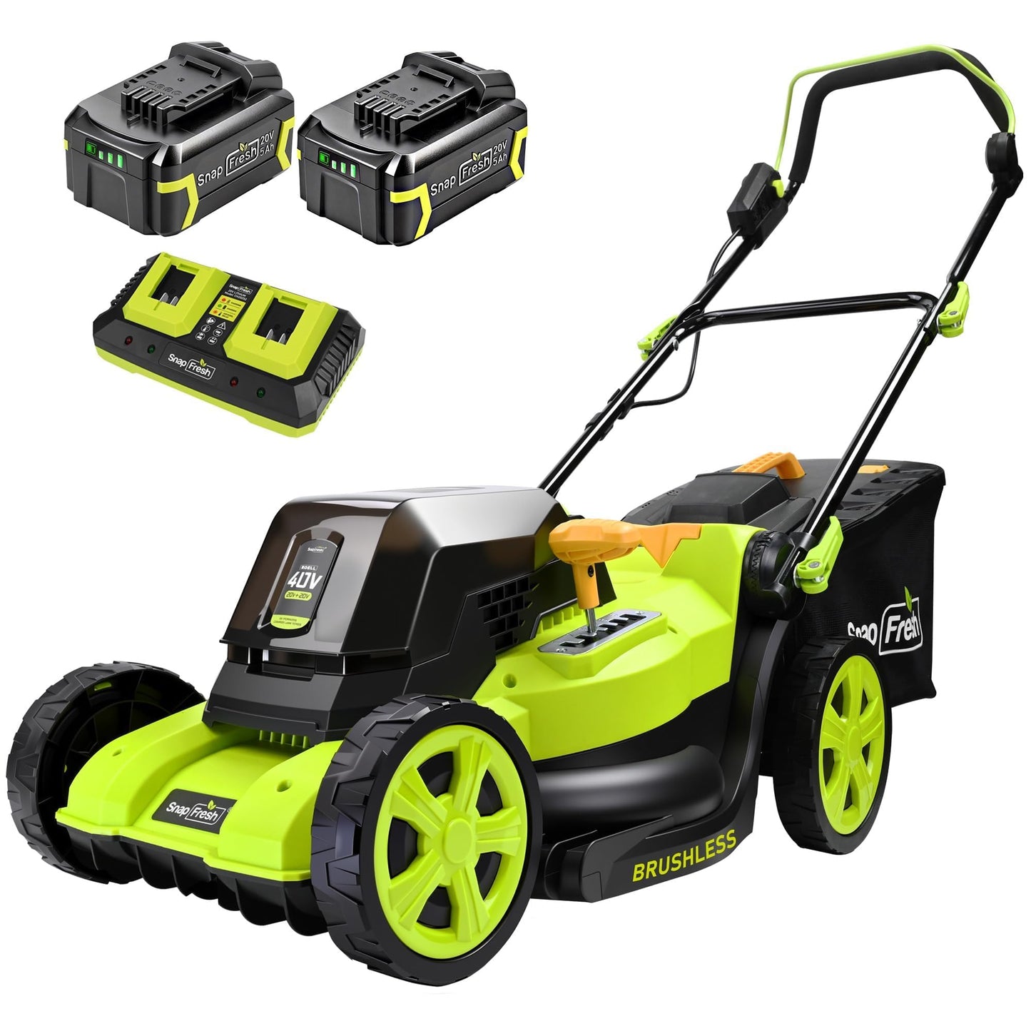 SnapFresh 40V 17” Brushless Lawn Mower – 2 x 5.0Ah Batteries Electric Cordless Push Mower with Fast Charger, 6-Level Height Adjustment, 45L Grass Bag, Lightweight Battery Powered Mower