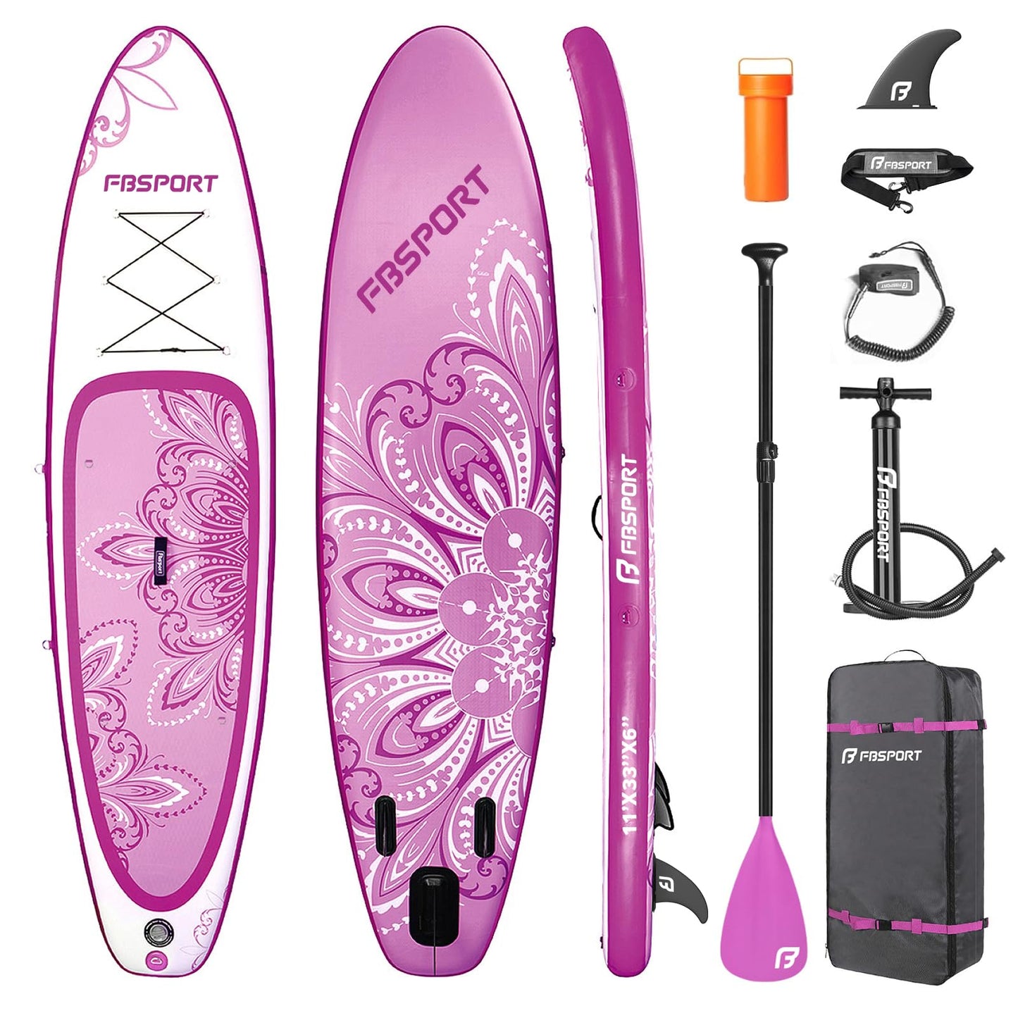 FBSPORT 11' Premium Stand Up Paddle Board, Yoga Board with SUP Accessories & Carry Bag | Wide Stance, Surf Control, Non-Slip Deck, Leash, Paddle and Pump for Youth & Adult (PurpleWhite)