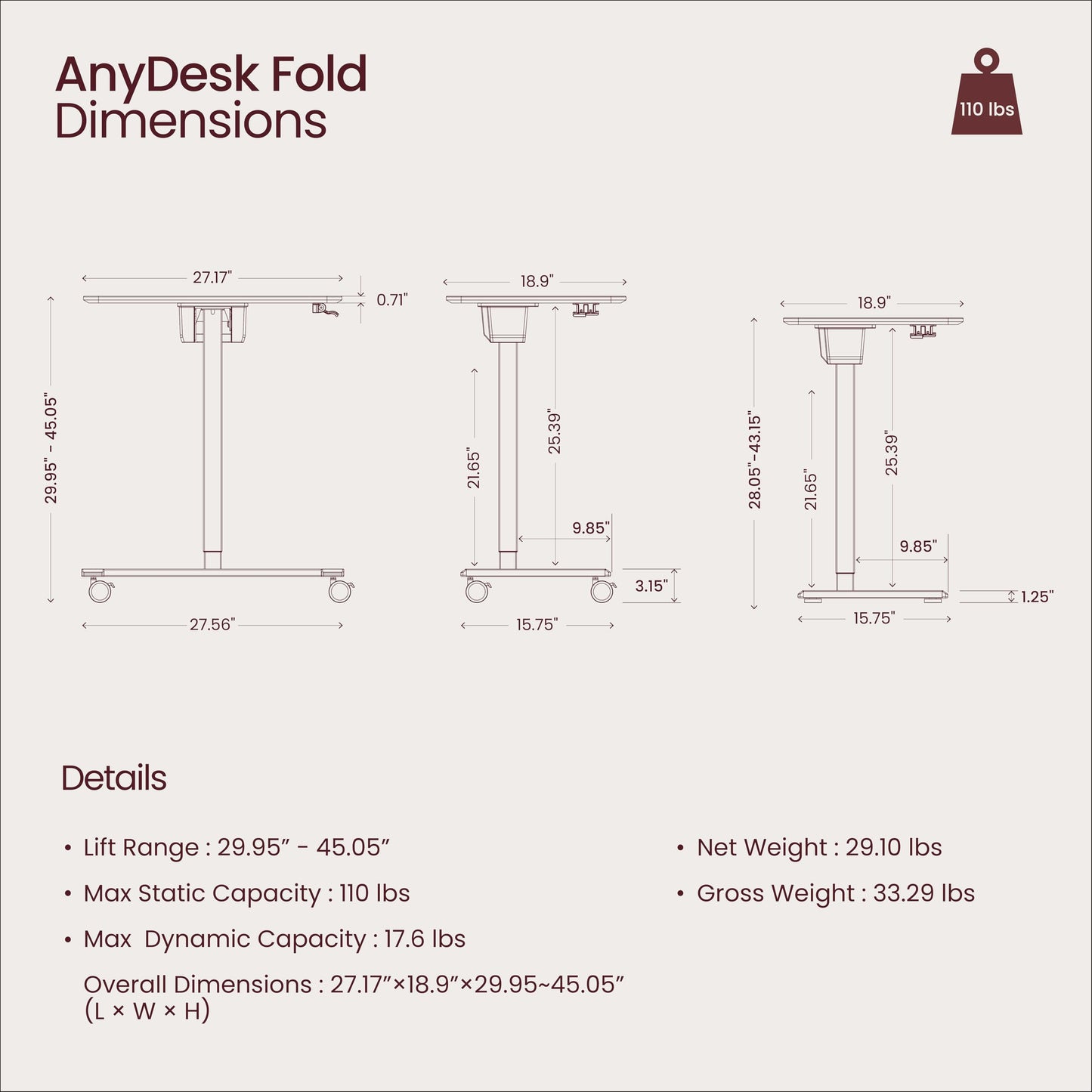 TopJob ANYDESK FOLD Mobile Standing Desk, Portable with Lockable Wheels, Foldable Stand Desk, Rolling Computer Workstations, Used for Home, Couch Side Table, Bedside Table in Bed Room Kitchen