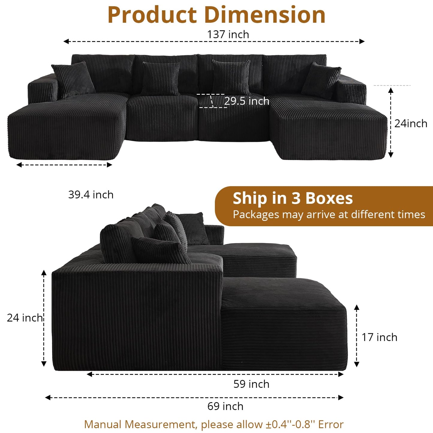 137" Modular Sectional Sofa, U-Shape Cloud Couch with Chaise, Deep Seat, Armrests and Plush Corduroy Fabric, No Assembly Required, Boneless Compression Sectional Couch for Living Room, Black