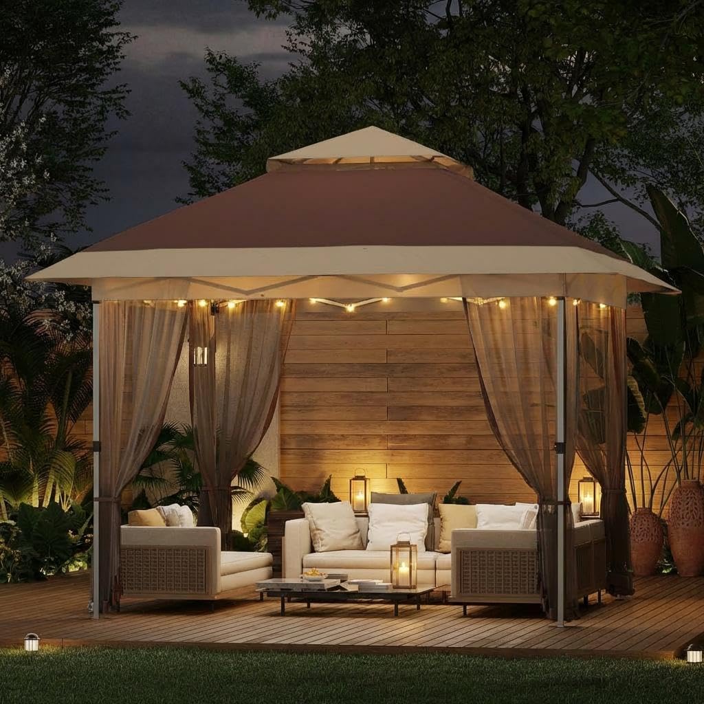 GarveeHome 10X10 Ft Instant Pop-Up Gazebo - Modern Waterproof Canopy Tent with Mosquito Netting & Sidewalls, All-Weather Outdoor Shelter for Patio, Garden, Backyard, Party - Includes Wheeled Carry Bag