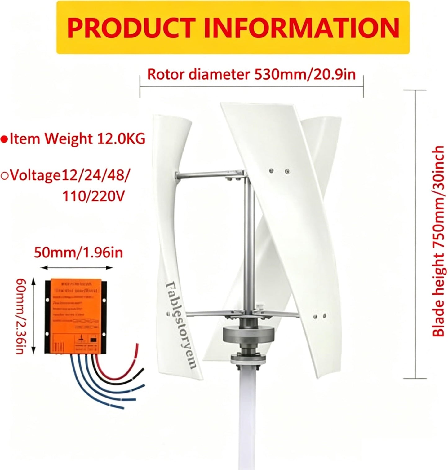 12-48V Vertical Axis Wind Turbine Kit 300-600W(True Specifications), Generator with Grid-Tied Controller, Vertical Magnetic Levitation Wind Turbine for Home(600W,24V)