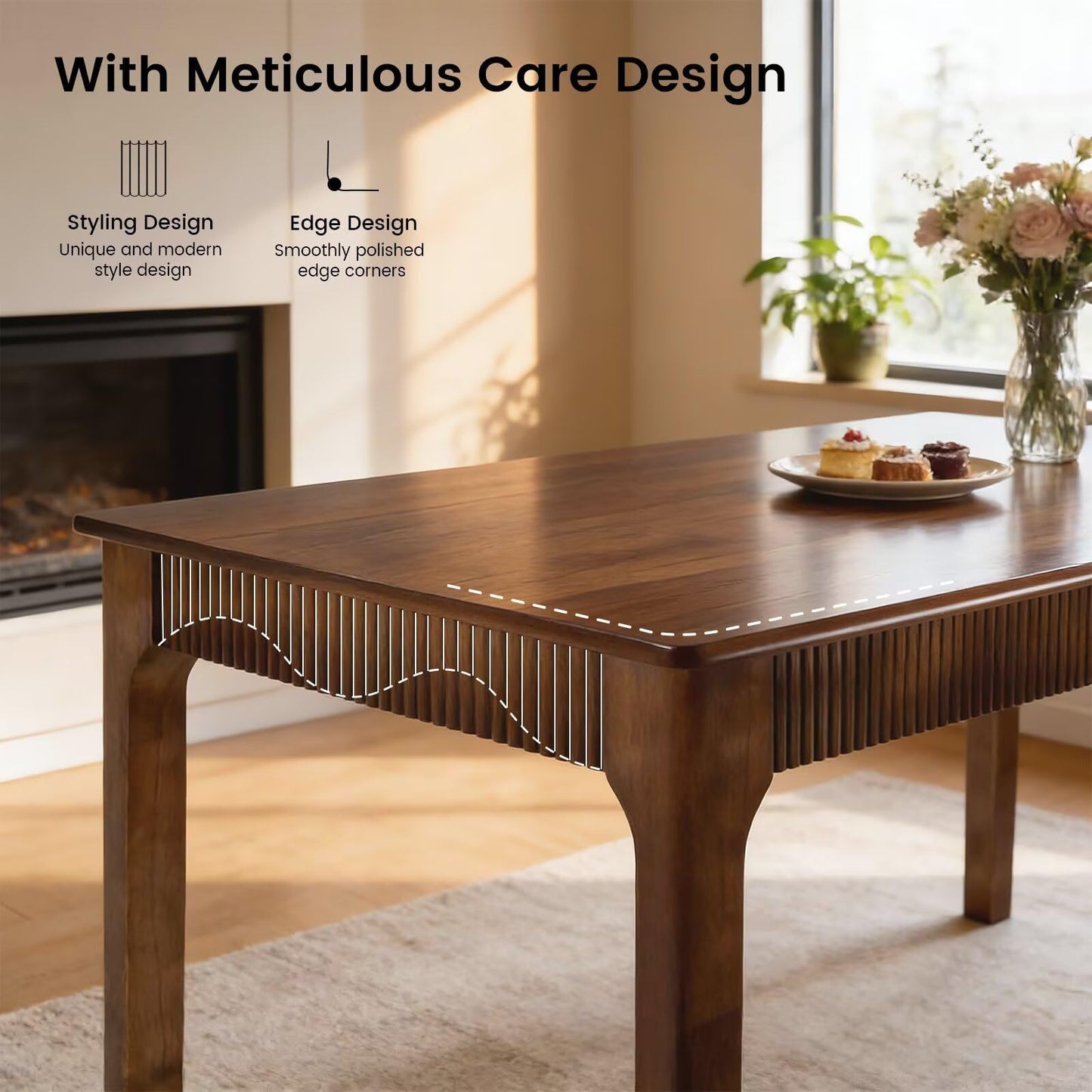 55" Solid Wood Dining Room Table for 4-6,Modern Farmhouse Rectangular Kitchen Real Wooden Table,Mid Century Fluted Design Large Furniture Desk for Home,Apartment,Living Room Walnut