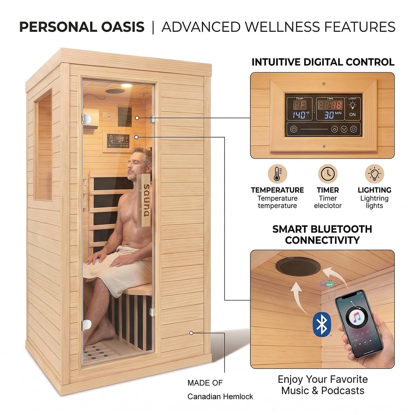 DWKWE Far Infrared Sauna Room for Home Use - 1350W Natural Hemlock Indoor Personal Wooden Personal Dry Sauna with Rapid Heating, Perfect for Athletes, Busy Professionals & Arthritis Sufferers