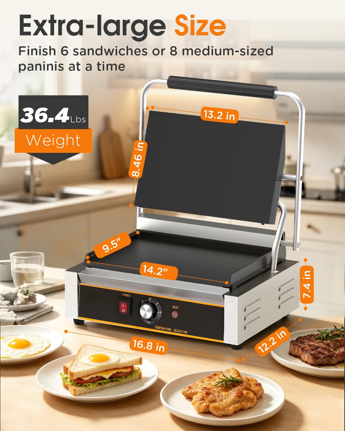 Popfoodex Commercial Panini Press - 2200W Electric Panini Sandwich Grill w/Nonstick Coating & Adjustable Temp, Stainless Steel, Panini Grill Press w/14"x9" Cooking Pan (Full Flat),Double-sided Heating