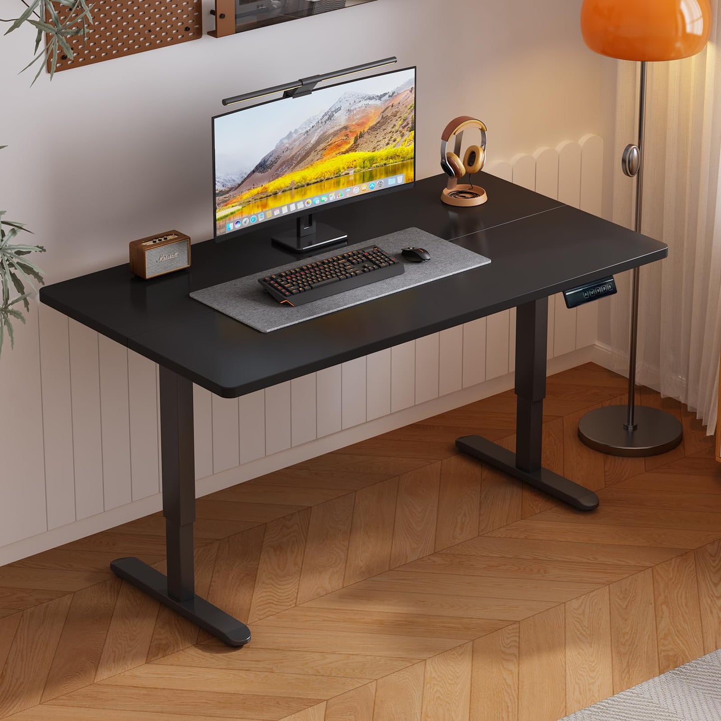 plyosdey 47.2" Electric Standing Desk, Malacca Solid Wood Material, Height Adjustable Computer Desk, 3 Memory Height Settings, Home Office Desk for Study and Gaming (Black Walnut Color, 47.2 * 23.6)