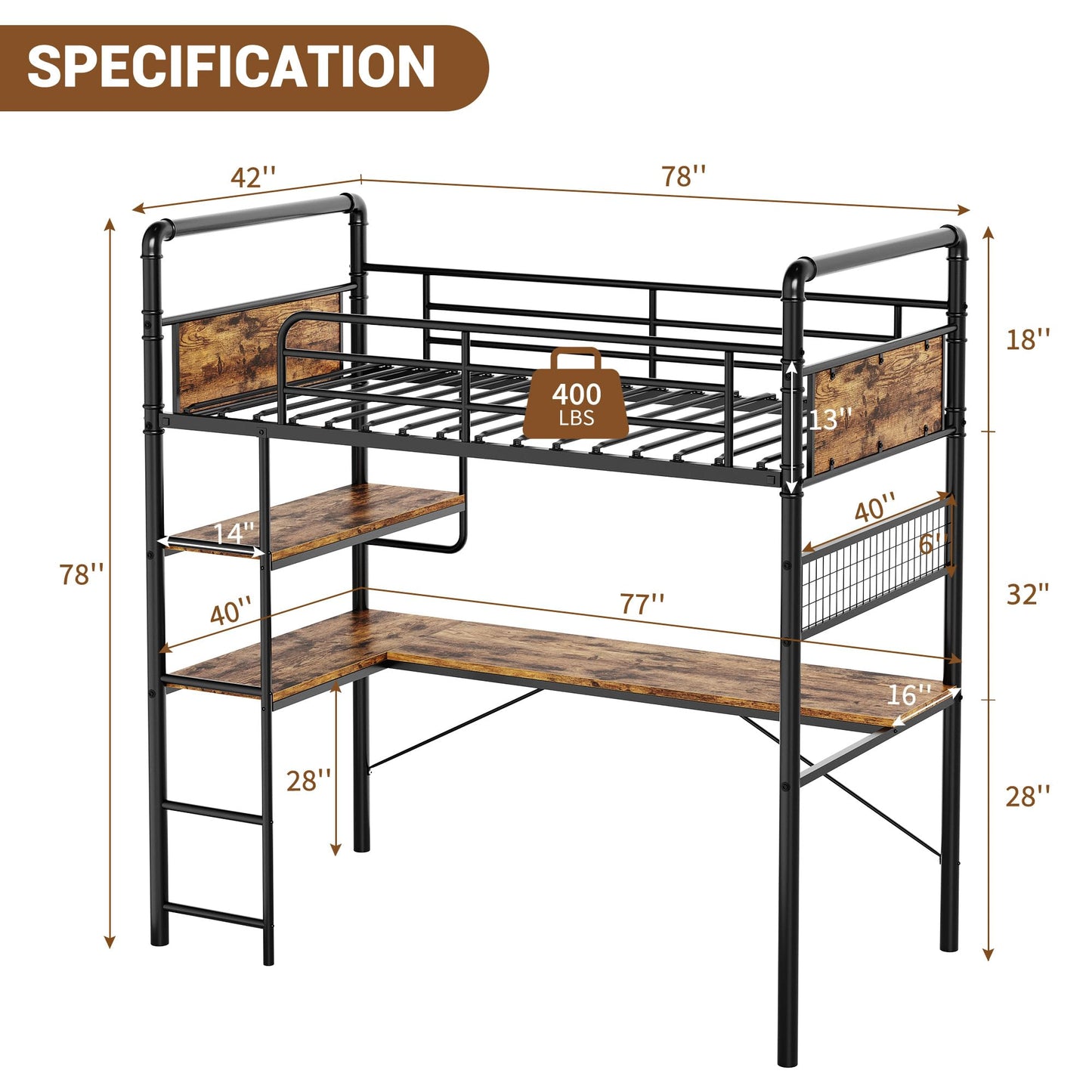 GarveeHome Loft Bunk Bed with L-Shaped Desk, Twin Loft Bed with Desk Underneath, Metal Bunk Beds with High Guardrail and Ladder for Kids/Teens/Adults, Easy Assembly, Vintage Brown