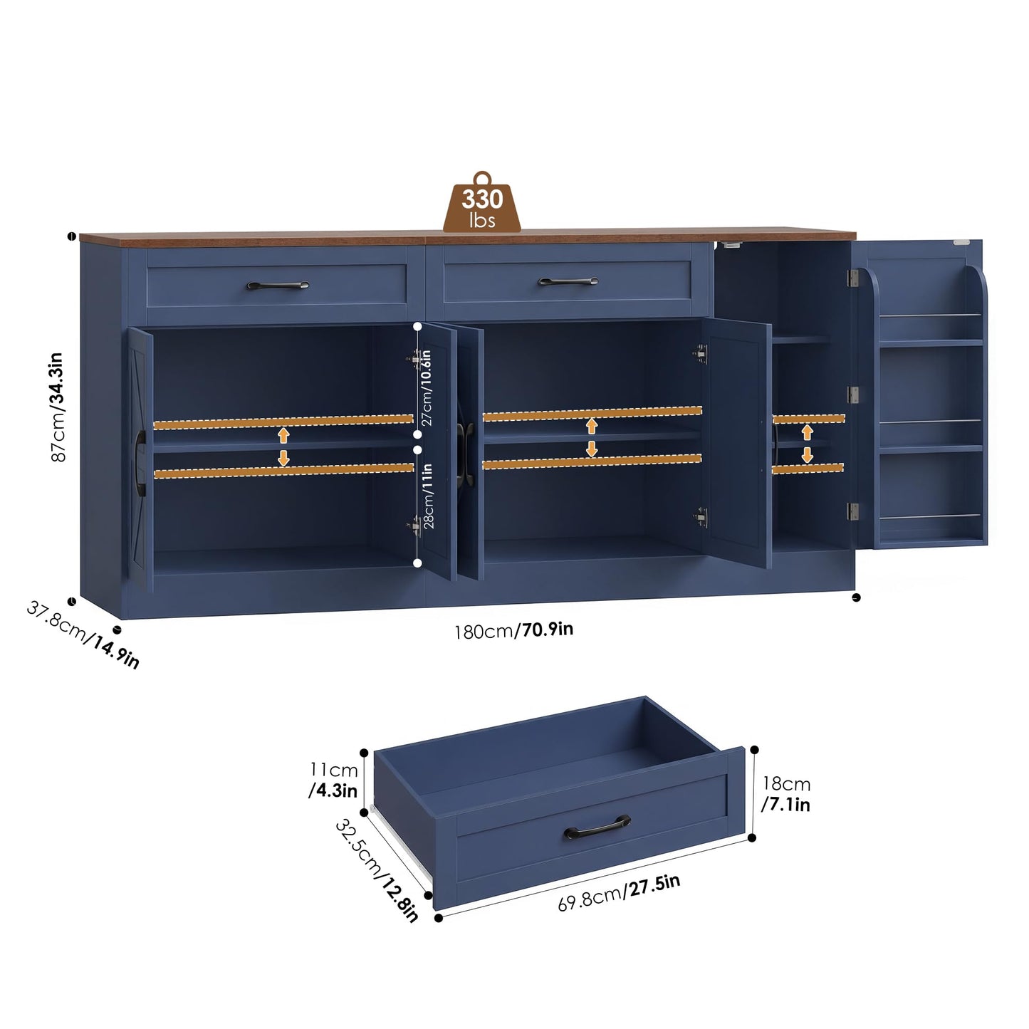 BOTLOG 71” Large Sideboard Buffet Cabinet with Storage, Farmhouse Buffet Cabinet with Adjustable Shelves and 3 Door Shelves, Wood Coffee Bar Console Table for Kitchen, Dining Room, Blue