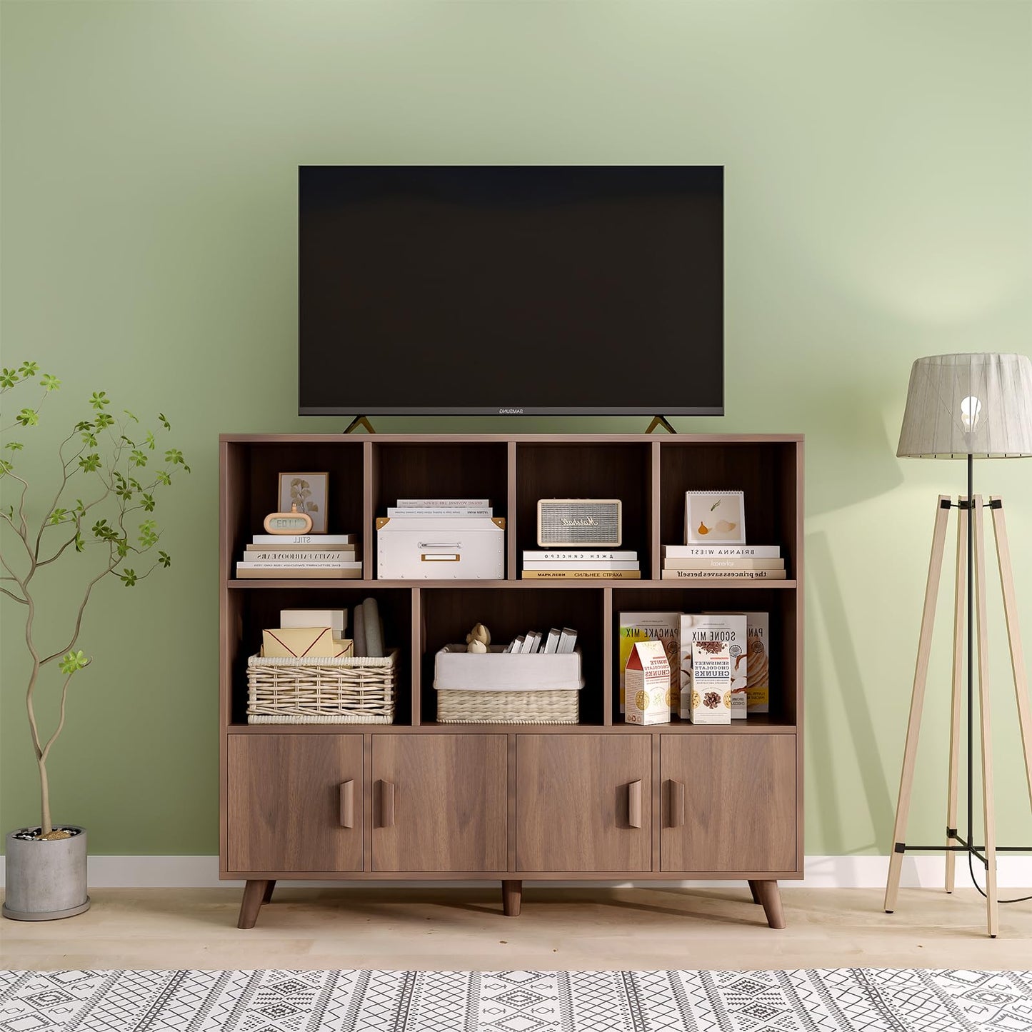 OSCHF Cubby Shelf Bookcase with Doors - Wooden 11 Cube Floor Standing Open Bookshelf with Solid Wood Legs, 3-Tier Storage Cabinet, Walnut