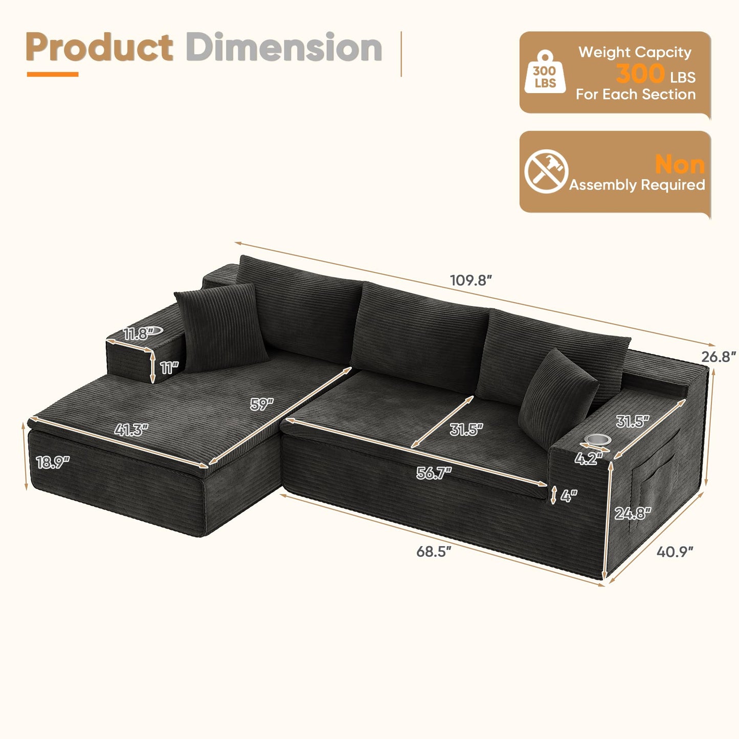 Homall 109" Boneless Couch with Memory Foam, Modular Sectional Sofa with L-Shape Chaise, Cloud Couch with Deep Seat, Dual Cup Holders & Side Pockets, No Assembly Required (Black)