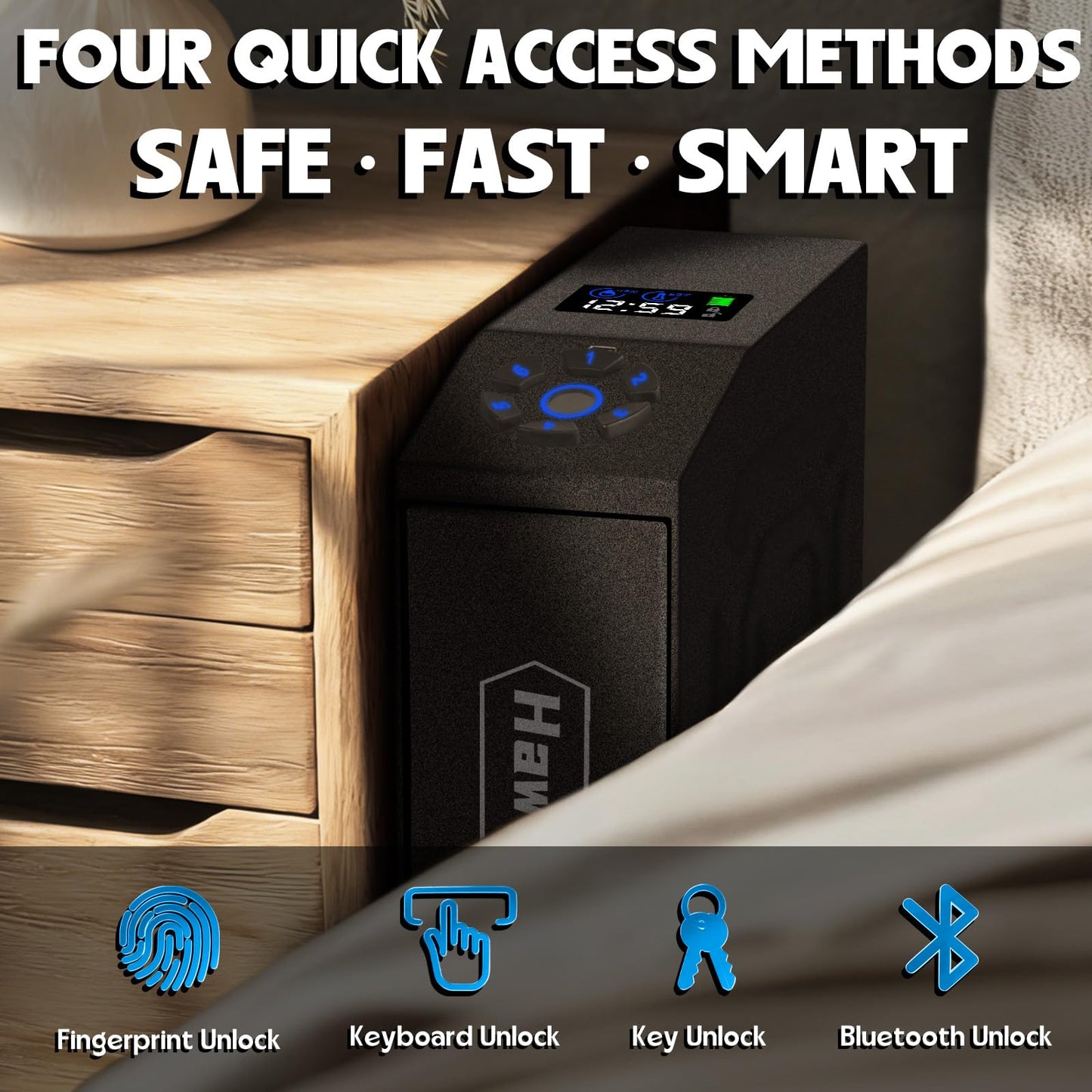 HAWKHONOR Smart Gun Safe for Handgun, Gun Case, Biometric Slider HandgunSafe for Nightstand, Bedside, Pistol Safe For Desk, Car, Truck - with Fingerprint, PIN Code, Key Access