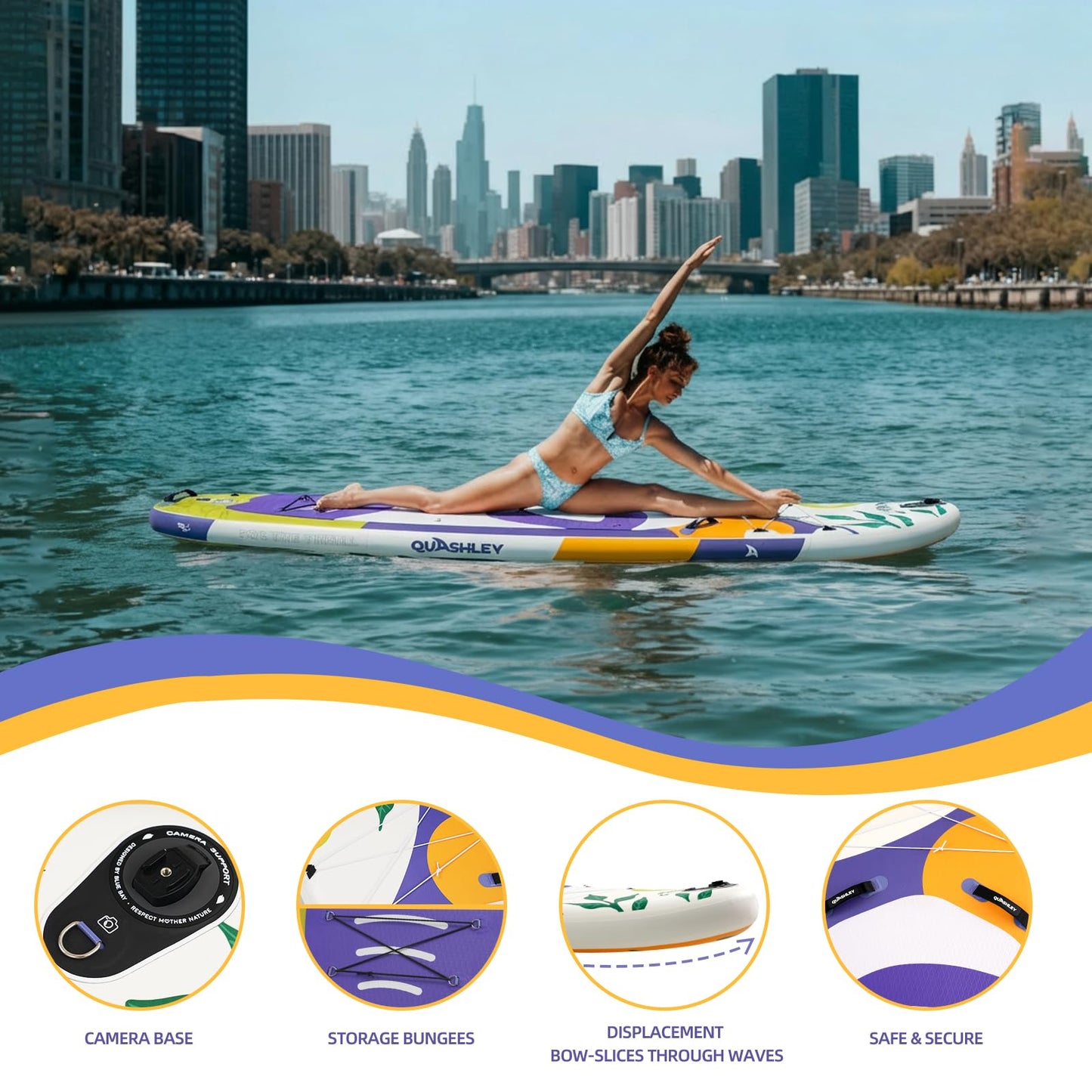 Quashley Inflatable Paddle Board Extra Wide Stand Up Paddleboards 34" with All Premium Accessories,Inflatable SUP for Adults/Family White Paddle Boards