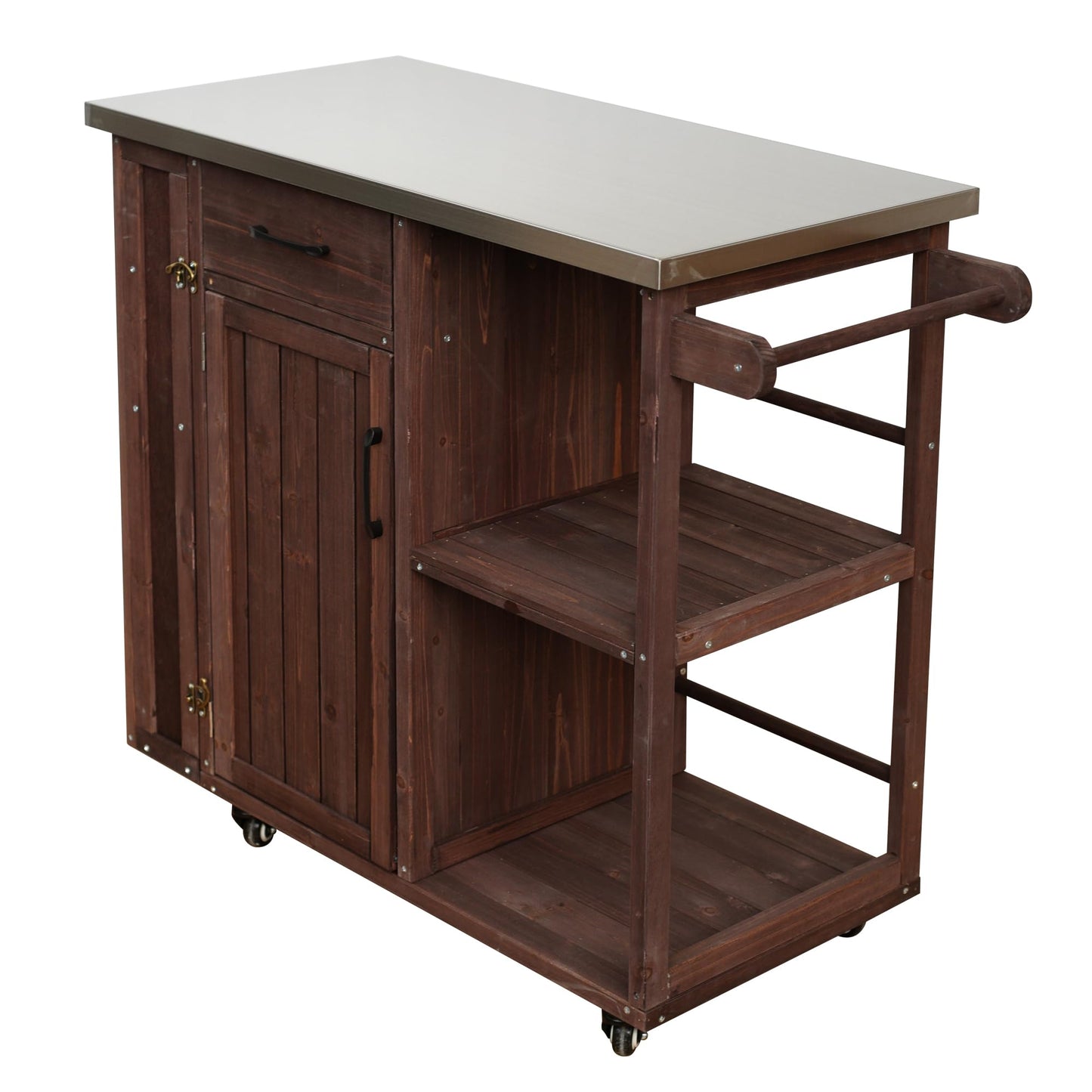 Outdoor Kitchen Island Cart with Stainless Steel Top, Rolling Grill Table with Storage Cabinet Drawer Shelves & Towel Rack, Wooden BBQ Prep Station with Lockable Wheels for Patio Backyard, Dark Brown