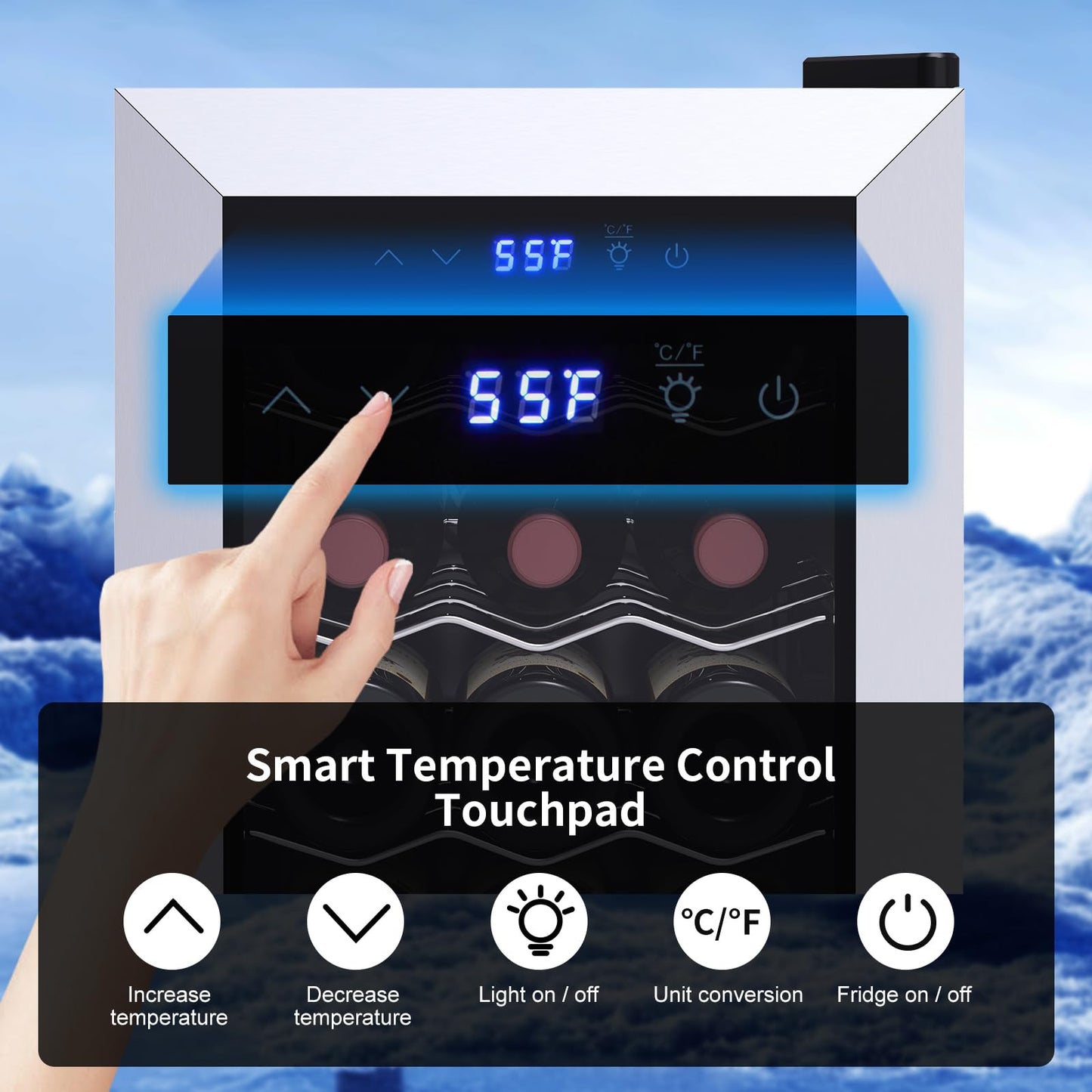 Tecnolove 18 Bottle Wine Cooler, 38-65°F Digital Temperature Control, 1.7 Cu.Ft Compact Wine Fridge, Freestanding Stainless Steel Glass Door with LED Light, Quiet Compressor for Red White Wine