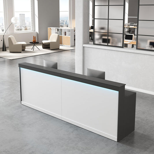 Nuipesn 87" Modern Reception Desk with LED Light, Lockable Drawer & Storage Shelves, Front Desk Counter for Salon, Spa, Office or Retail Store, Gray