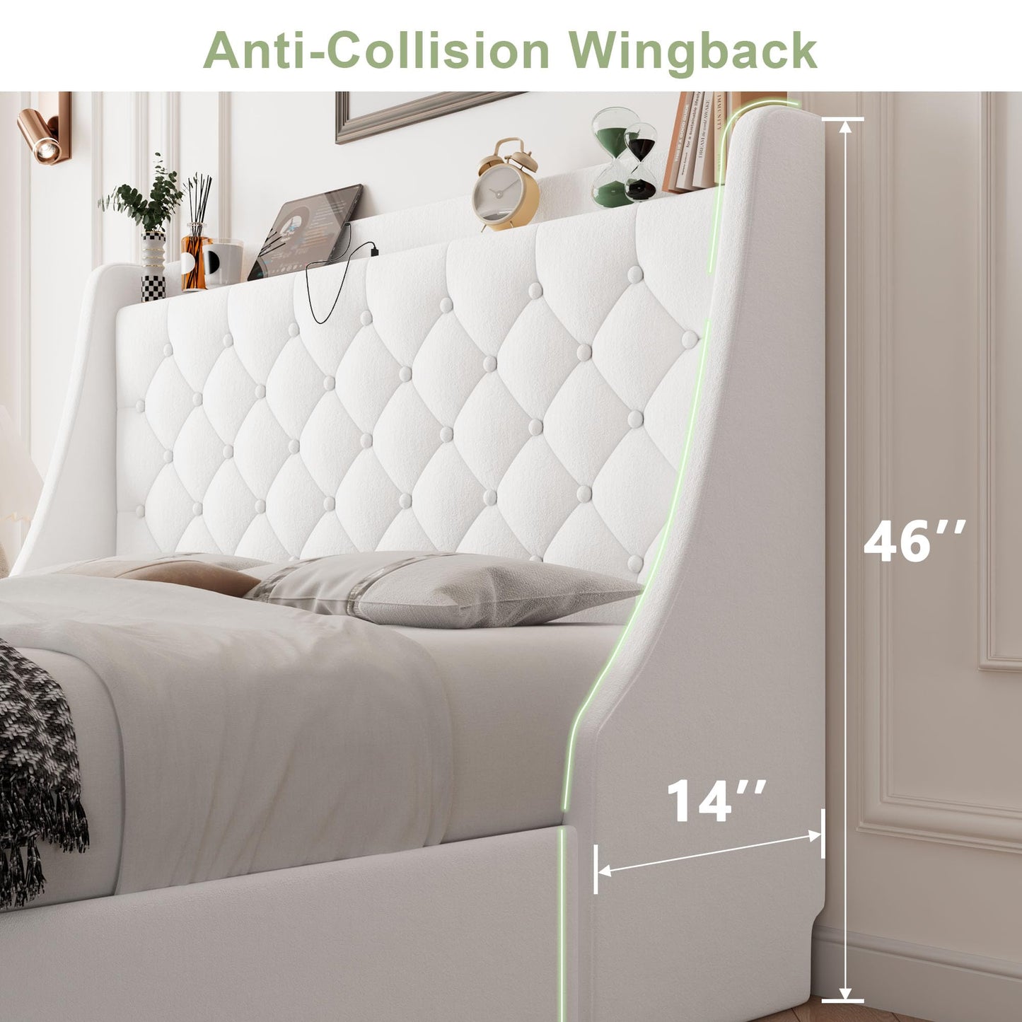 Feonase Upholstered Full Size Bed Frame with 4 Storage Drawers, Charging Station, Tufted Wingback Storage Headboard, No Box Spring Needed, Easy Assembly, White