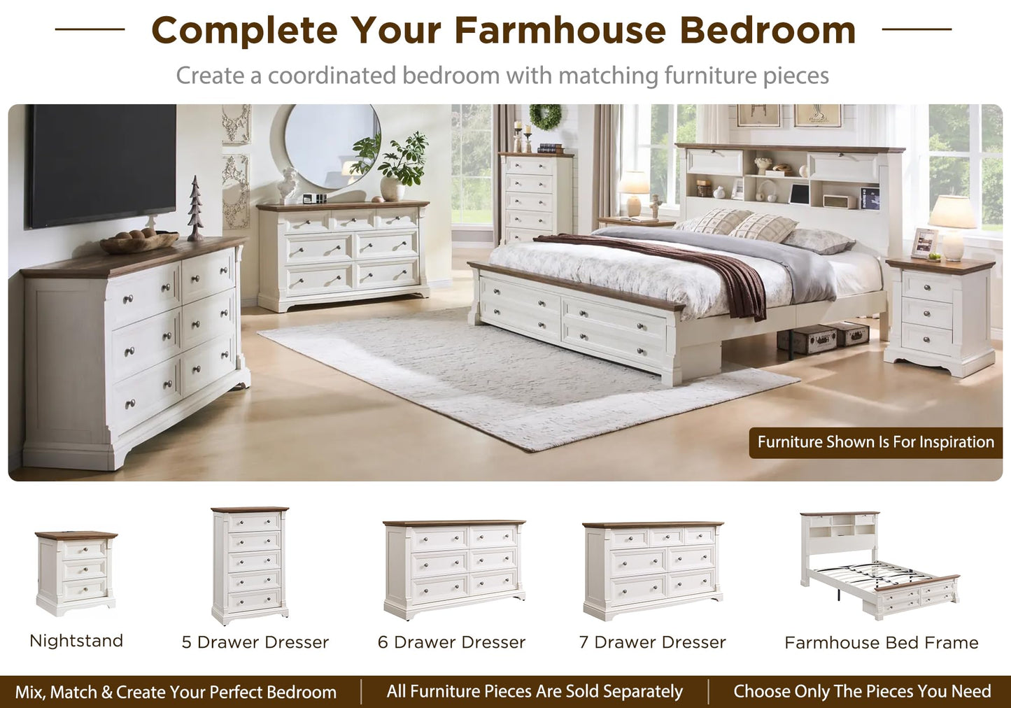 T4TREAM Farmhouse Nightstand Set of 2, 23.6" End Table with 3 Drawers Storage, Wood Side Table w/Roman Column, End Tables Living Room Set of 2, Bedside Cabinet for Bedroom, Living Room, Antique White