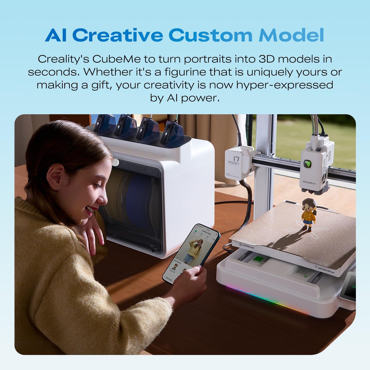 Creality SPARKX i7 Combo 3D Printer, Beginner-Friendly Multi-Color 3D Printer with AI Camera, Auto Leveling, Automatic Filament System, Direct Drive Extruder, WiFi Monitoring, 260×260×255mm