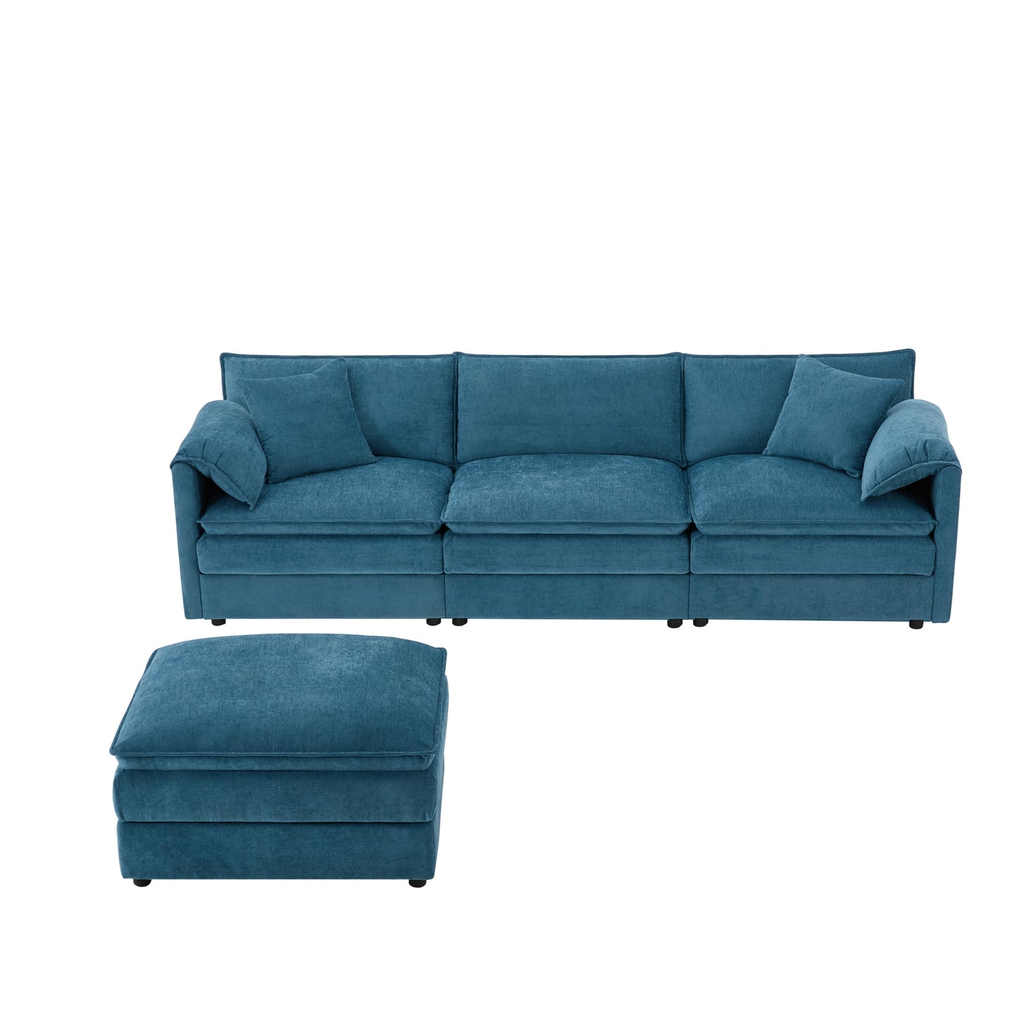 Merax Modern L Shaped Cloud Couch Set with Double Cushions, 4 Seat Sectional Sofa Sleeper Bed with Movable Ottoman & 2 Pillows, 103" Chenille Modular Sectional Sofa with Deep and Wide Seat, Blue