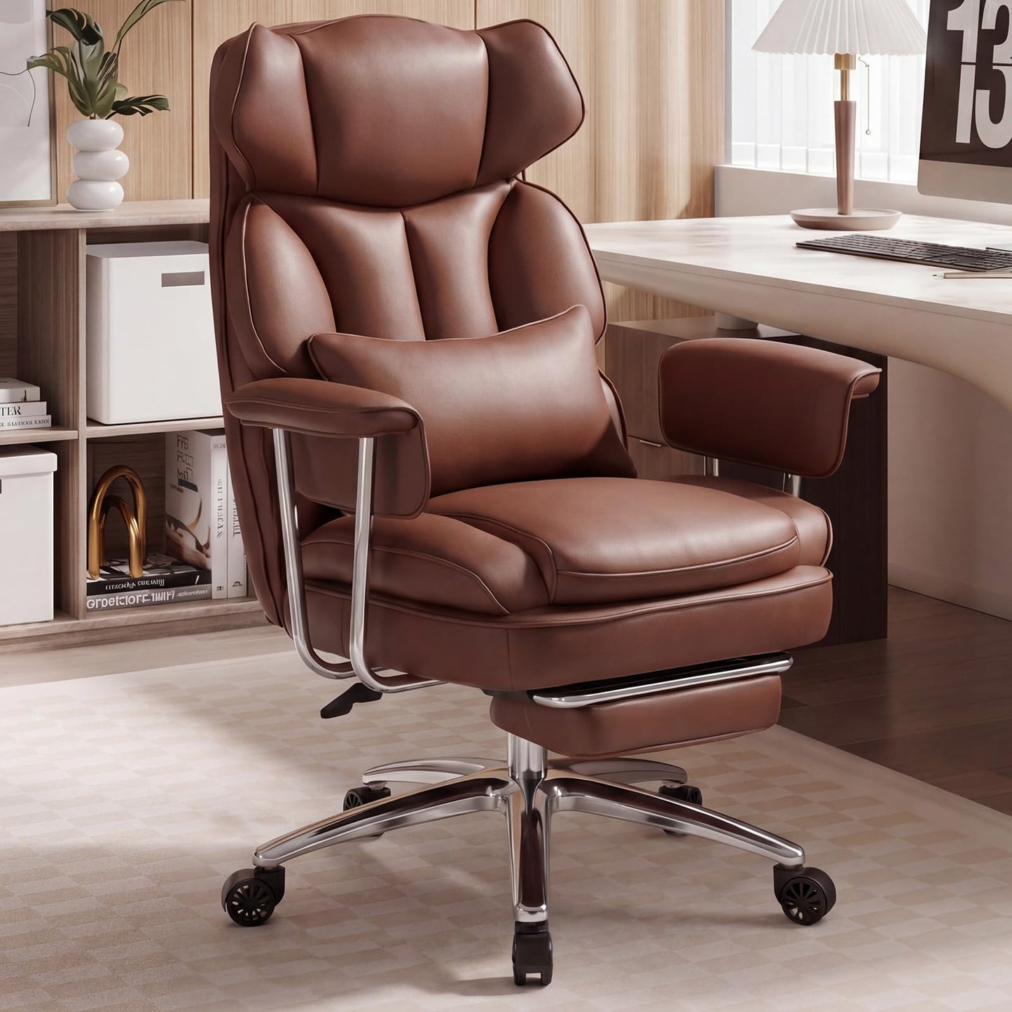 OLIXIS Home Office Desk Chair Comfy with Foot Rest, PU Leather Ergonomic Big and Tall High Back Support, 360° Swivel Wheels, Armrests and Detachable Pillow, Height Adjustable, Modern Brown