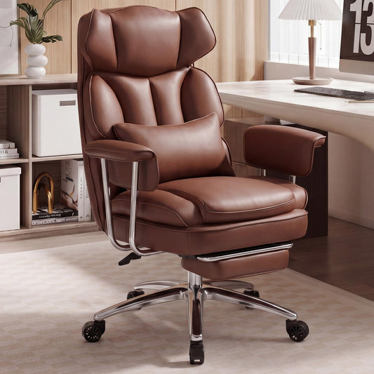 OLIXIS Home Office Desk Chair Comfy with Foot Rest, PU Leather Ergonomic Big and Tall High Back Support, 360° Swivel Wheels, Armrests and Detachable Pillow, Height Adjustable, Modern Brown