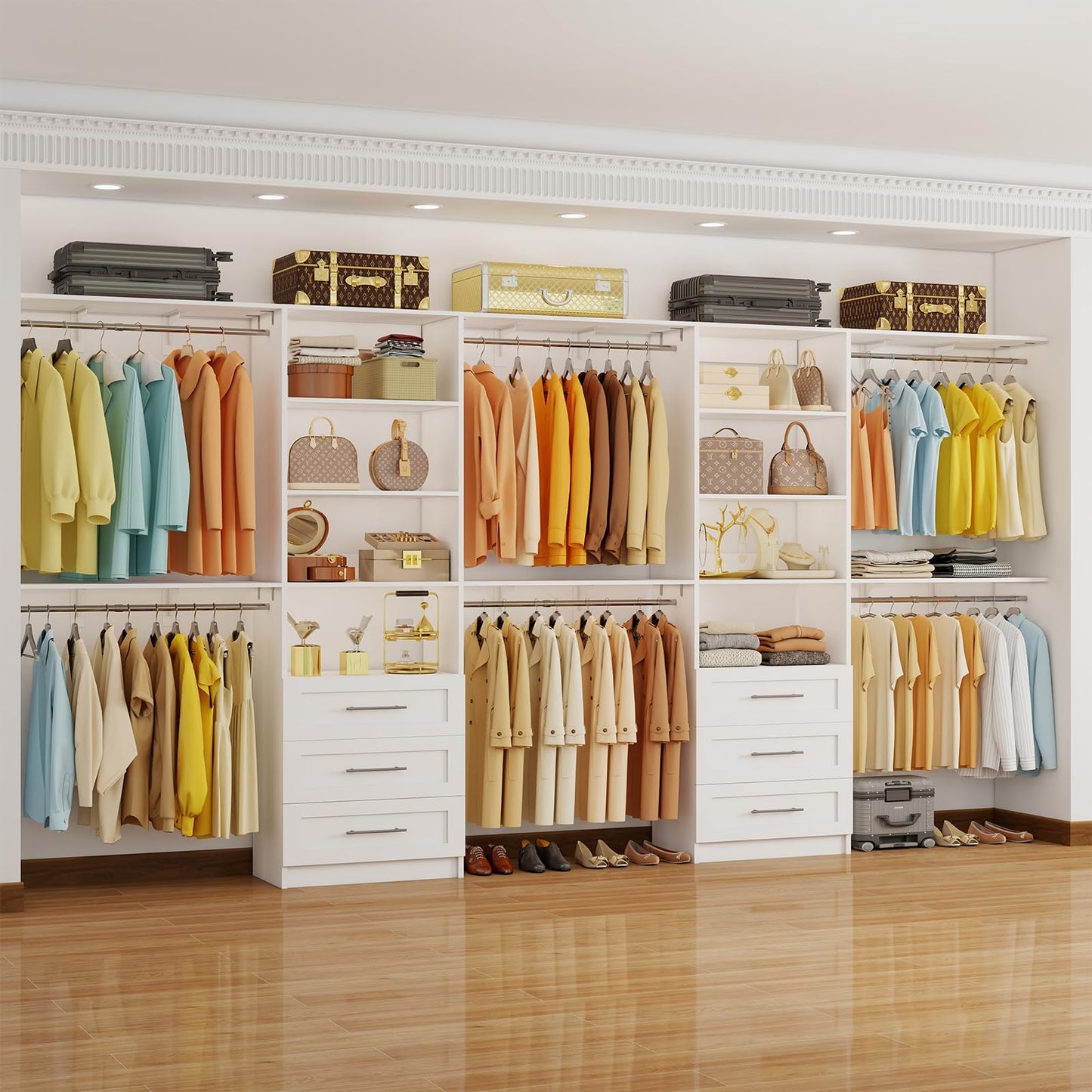 Closet System with 6 Drawers, 6-13FT Closet Organizer System Wood with 8 Shelves & 6 Expandable Hanging Rods, Closet Systems Kit for Walk in Closets, Modular Closet Organizer Systems, 2 Sets,White