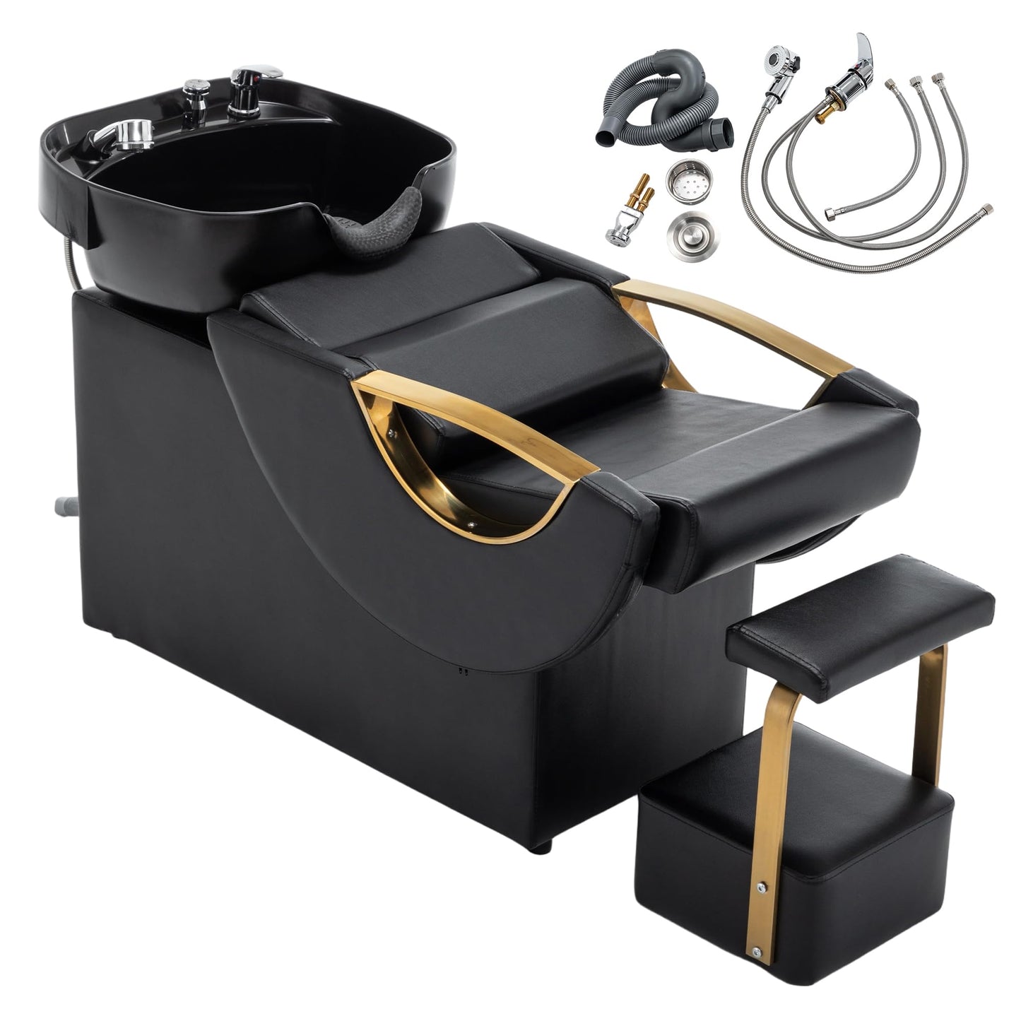 WZONICE98 Shampoo Bowl and Chair Set with Footstool, Black & Gold Barber Backwash Chair, Heavy Duty 300lb Hair Washing Station with ABS Basin & Neck Rest, 42.4"x21.8"x29.9"