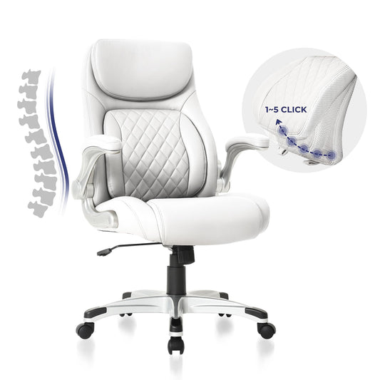 Nouhaus Ergonomic Office Chair Premium Leather Adjustable Lumbar Support & Armrests, High Back Comfy Desk Gaming Chairs Executive Computer Swivel Chair Tilt Function(Posture,White)