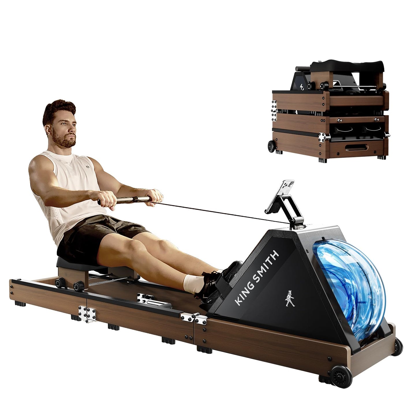 KINGSMITH Water Rowing Machines for Home, WR20 Foldable Row Machine, 331LB Weight Capacity, Water Rower Machine with LCD Monitor, App Supported and Comfortable Seat for Folding Water Rowers, Walnut