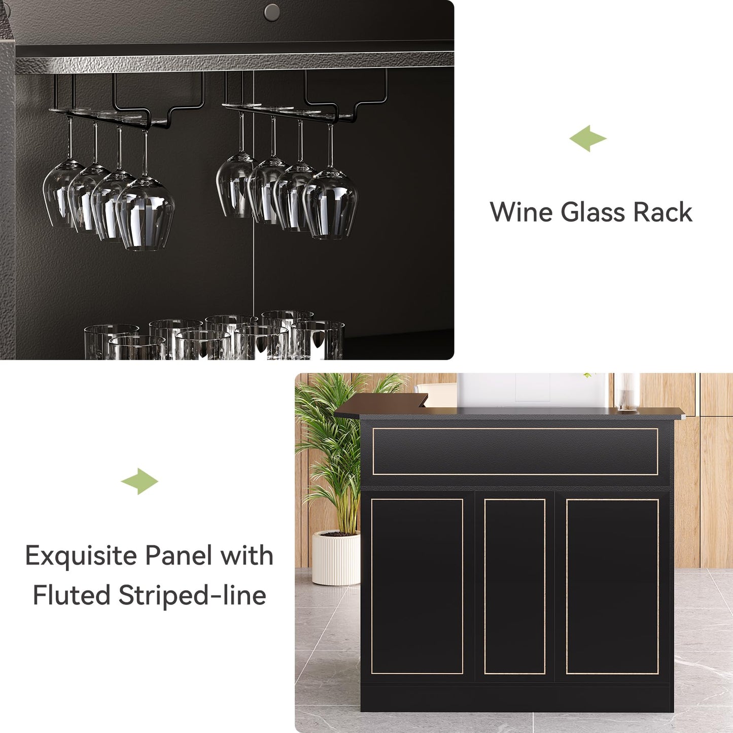 LITTLE TREE Black Bar Cabinet, 4-Tier Home Mini Bar Cabinet with Stemware Rack, Freestanding Wooden Storage Cabinet, Modern L-Shaped Liquor Table Cabinet for Living Room, Dining Room