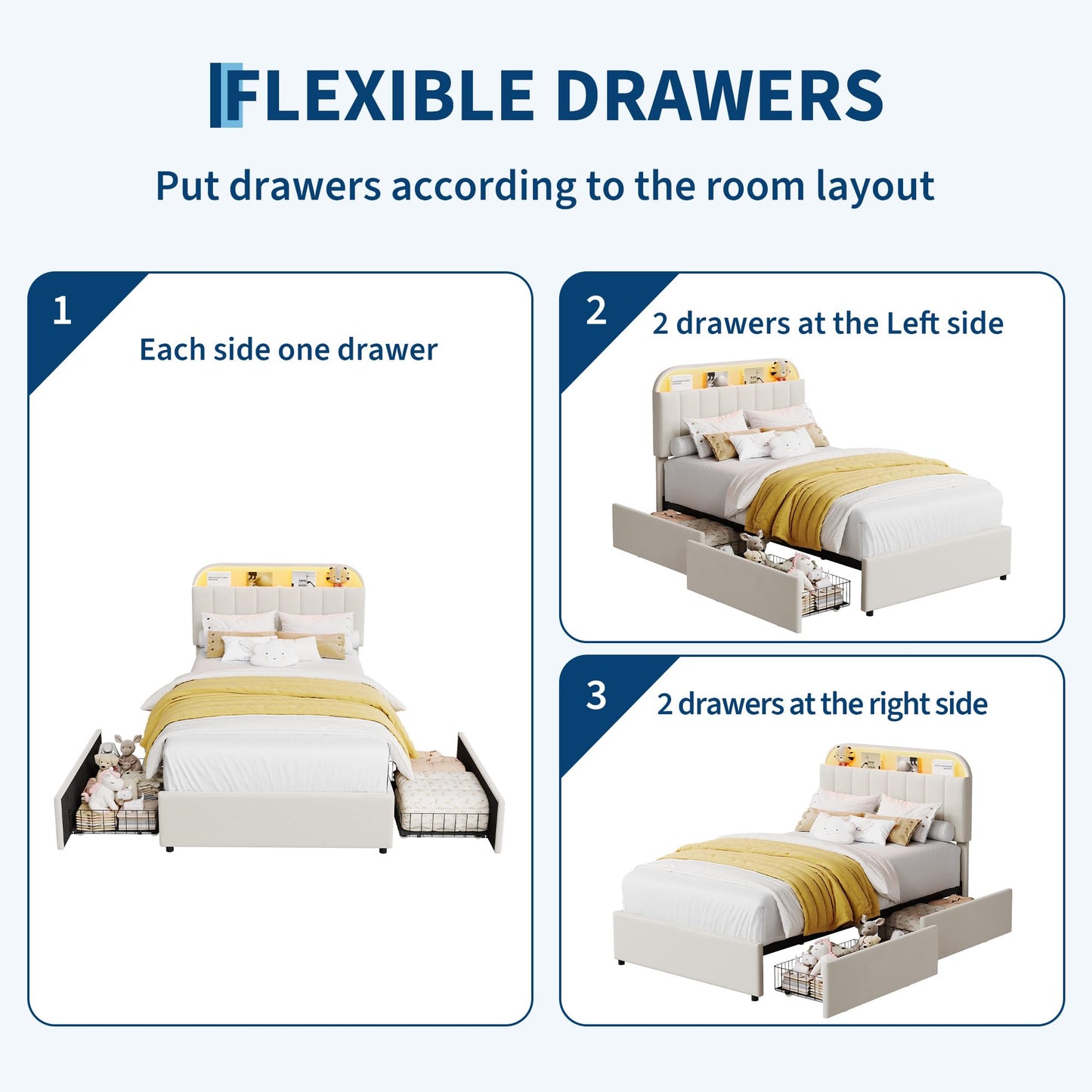 GarveeHome Twin XL Bed Frame with Storage Headboard, Kids Bed Frame with 2 Drawers, Velvet Upholstered Platform Bed Frame with Lights, No Box Spring Needed, Easy Assembly, Velvet White