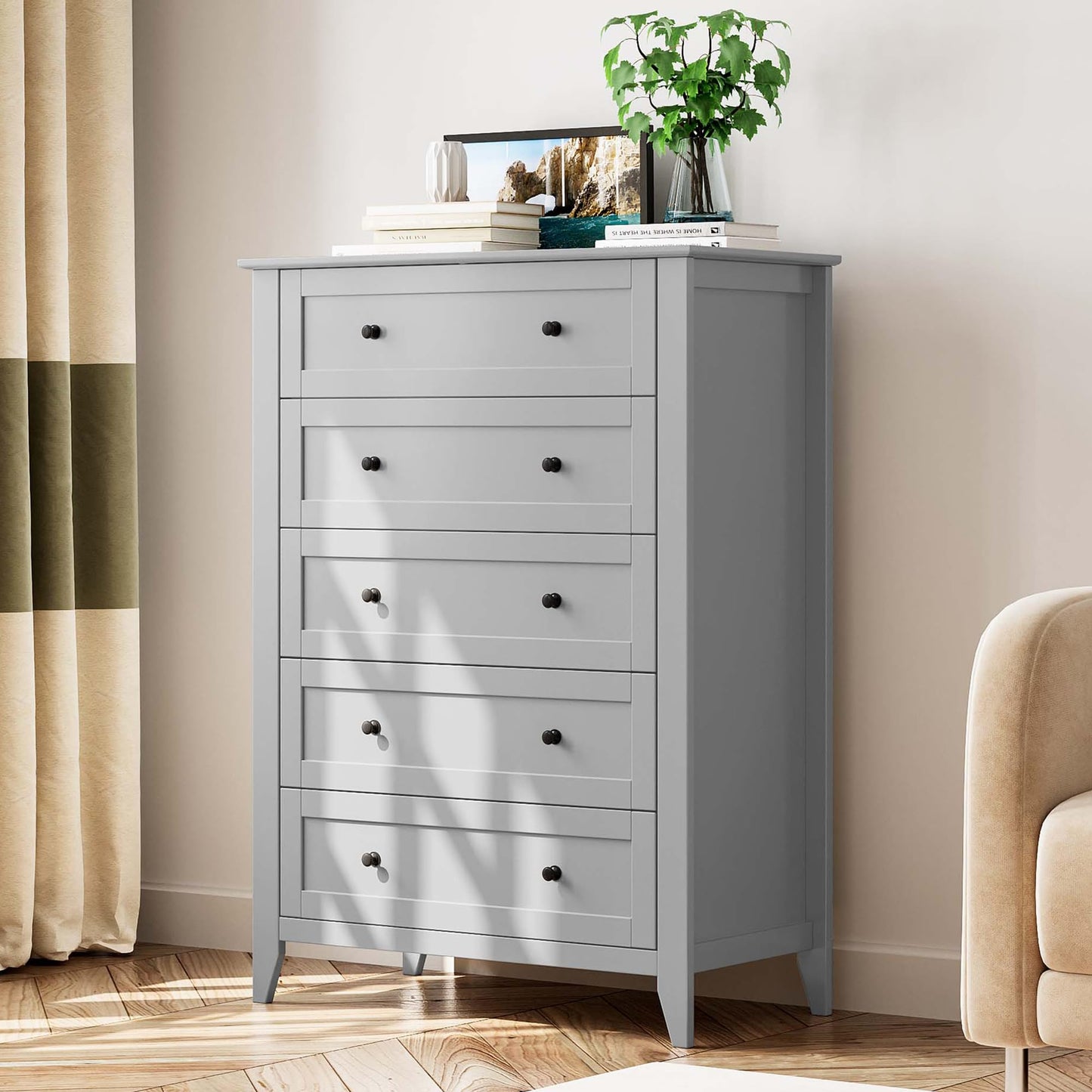 Garvee 5 Drawer Dresser for Bedroom, Modern Tall Chest of Drawers with Metal Knobs, Wooden Clothes Storage Organizer for Closet, Nursery, Living Room, Apartment, Grey