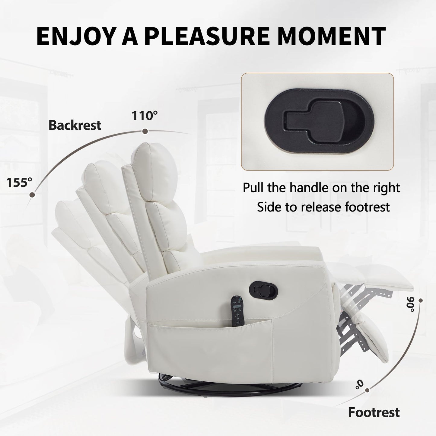 KEIKI 4-in-1 Manual Swivel Rocker Recliner Chair for Home Living Room, Faux Leather Chair with Back Massager & Heat, Home Theater Seating with Lumbar Support, Cozy Reading Chairs for Adults, White