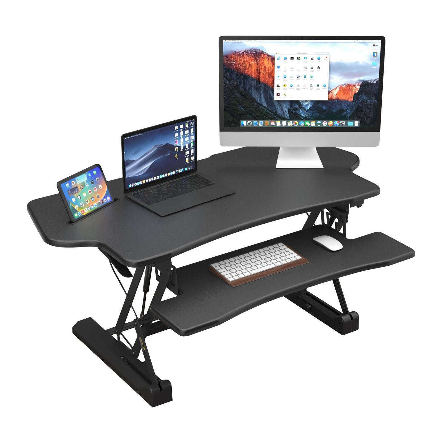 Mount-It! Standing Desk Converter, 48" Wide Sit Stand Desk Riser with Dual Gas Spring Handles, Height Adjustable from 6"–19.25", Extra Large Tabletop for 2 Monitors, Keyboard Tray & Device Slot, Black