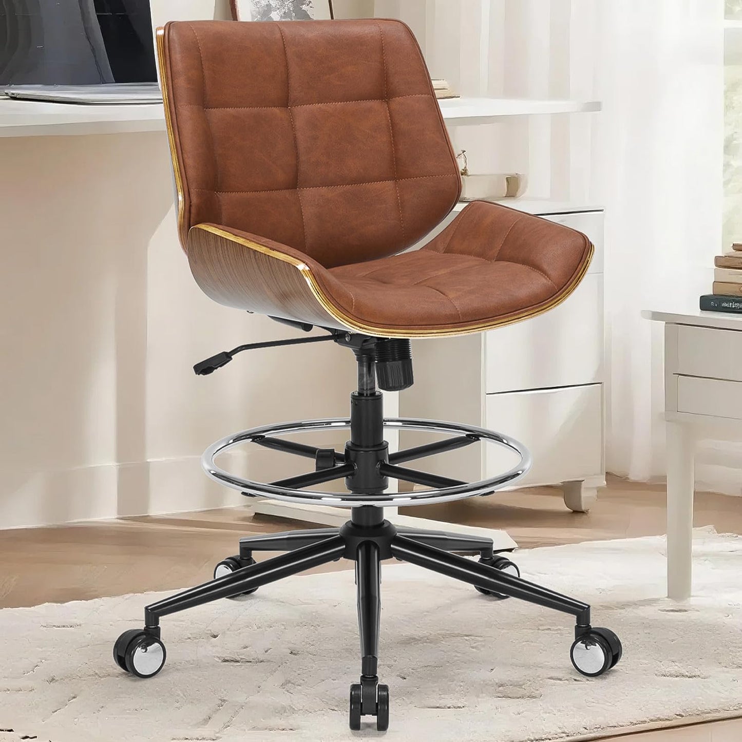 Drafting Office Chair Ergonomic Executive Computer Standing Desk Chair with Adjustable Height and Footrest Ring, Drafting Chair for Counter Height Desk and Drawing (Brown)