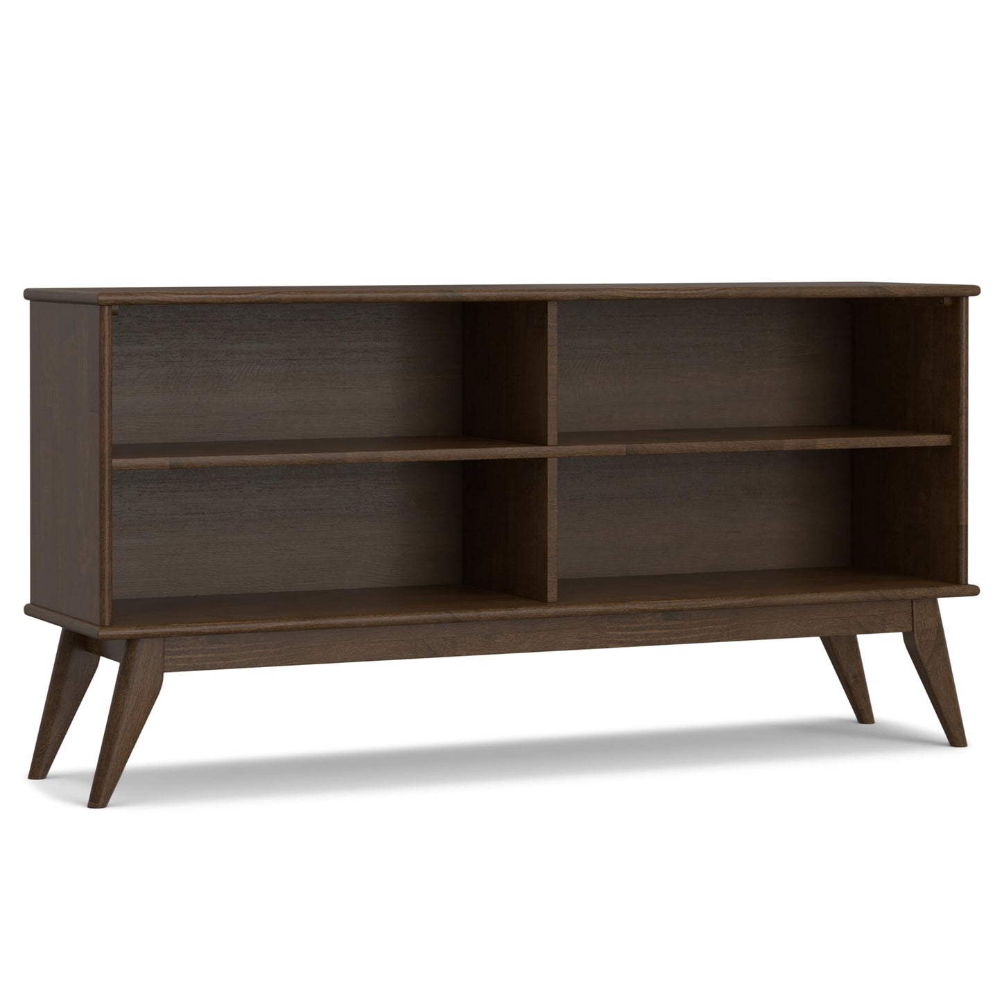 SIMPLIHOME Draper Bookcase - 30 inch Tall Solid Wood Low Bookshelf in Walnut Brown, Mid-Century Modern Storage for Living Room, Study Room or Office with Tapered Legs and Wide Open Shelves