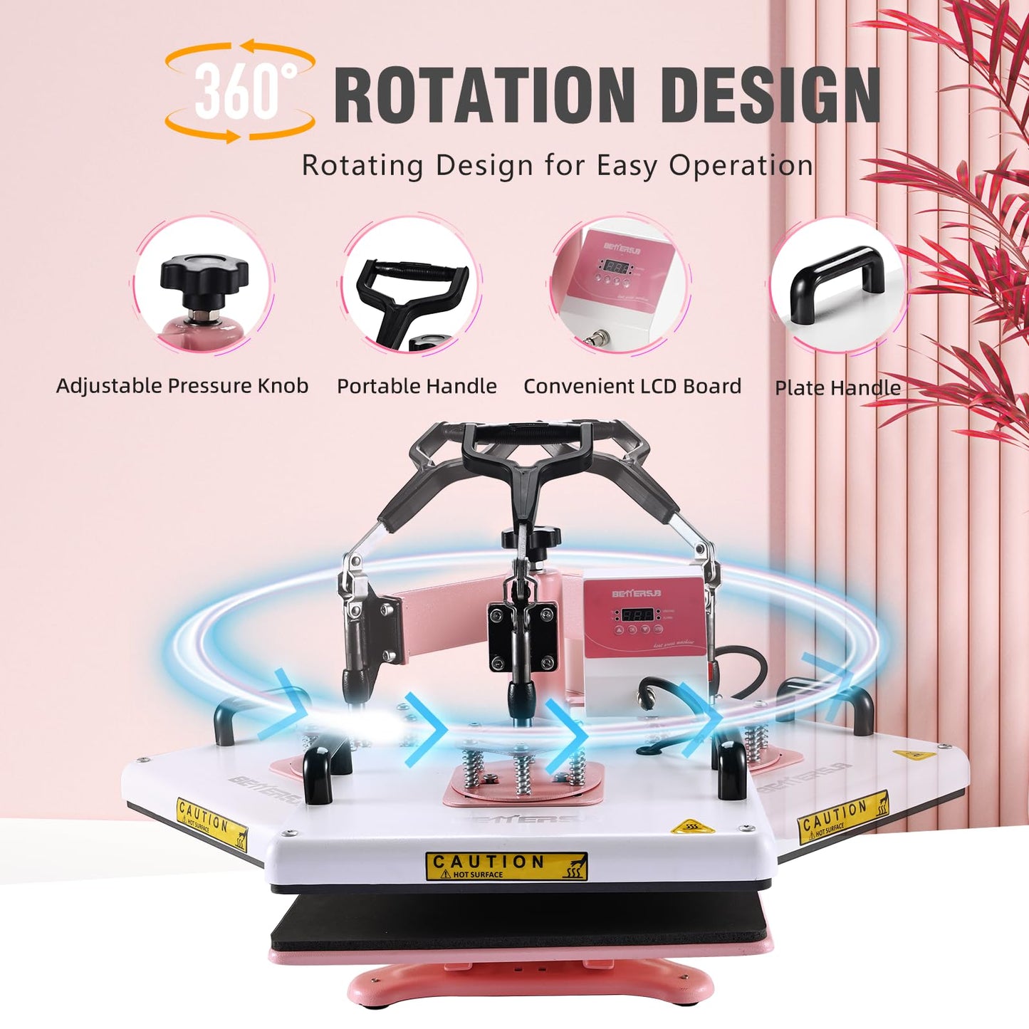 BetterSub 5 in 1 Heat Press Machine 12x15 inch, Industrial-Quality Sublimation Press with 30oz Tumbler Attachment & Curved Hat Plate, 360° Swivel Design for T-Shirts, Vinyl, DTF Film - Pink