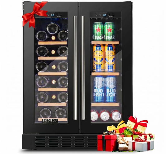 BODEGACOOLER Wine and Beverage Refrigerator, 24 Inch Dual Zone Beveage Fridge, Freestanding Wine Fridge, Under Counter Beverage Cooler With Glass Door with LED Light for Bar,Home Use,Club,Kitchen