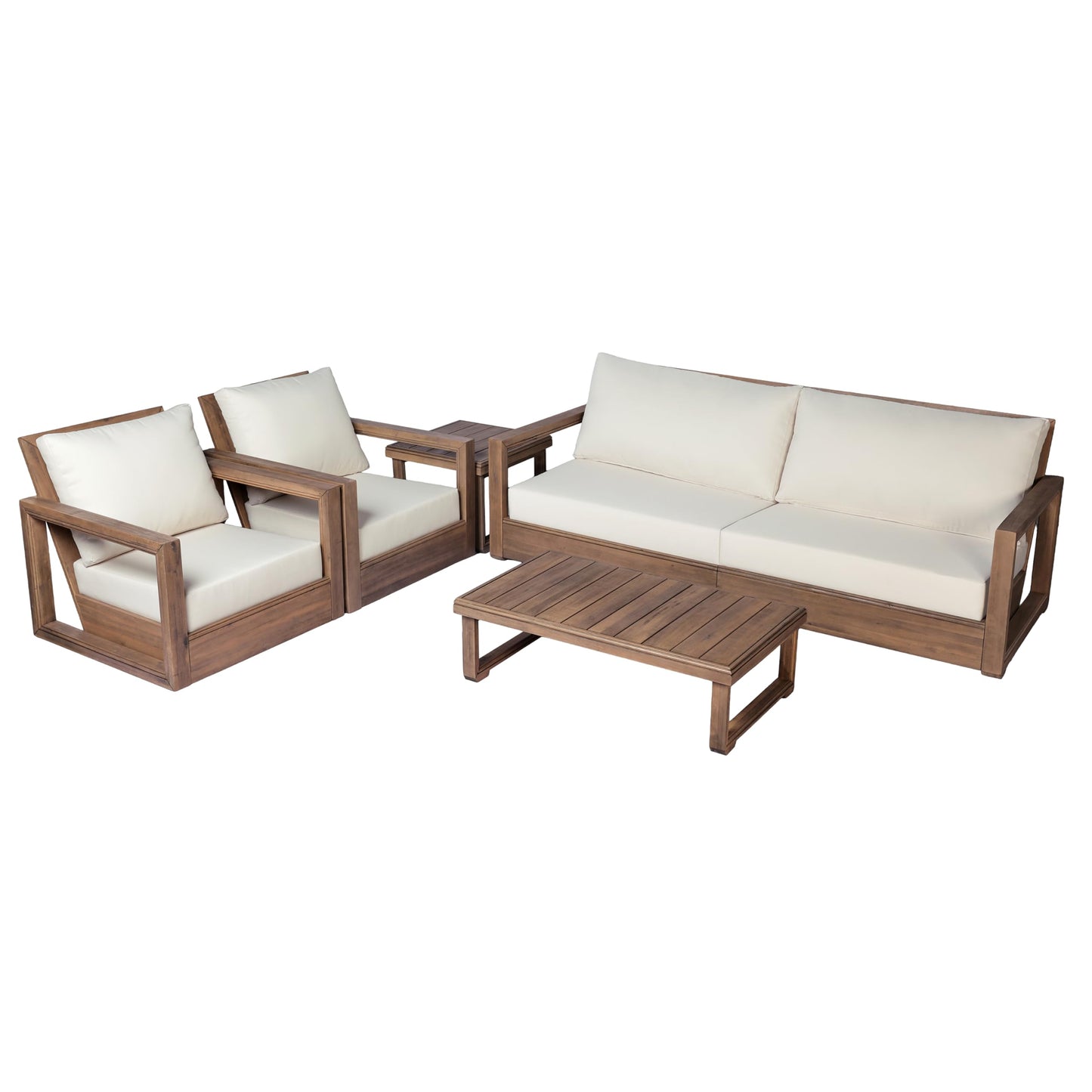 Christopher Knight Home 4-Piece Patio Furniture Set, Outdoor Acacia Wood 3-Seater Patio Sofa Set with 2 Swivel Rocking Chairs & Coffee Table, Deep Seating Patio Set for Porch Deck Garden, Brown+Beige