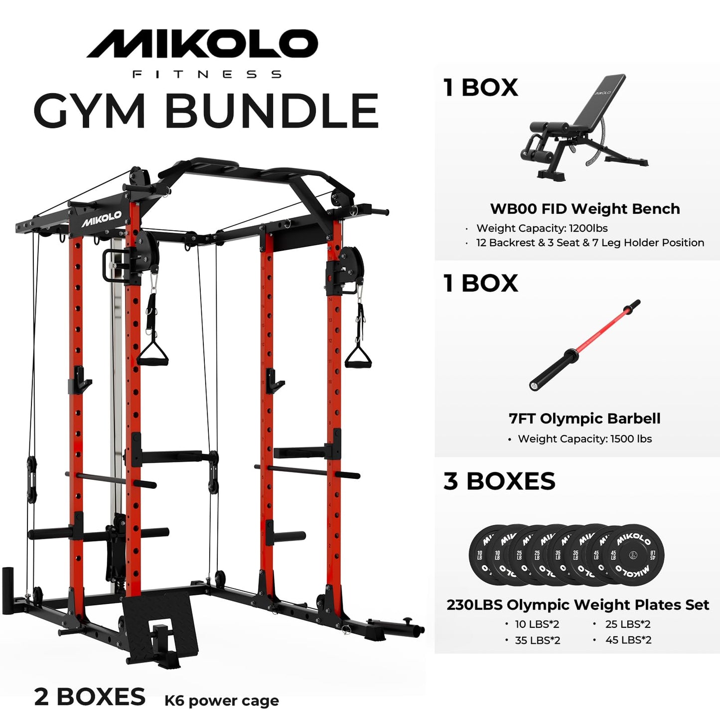 Mikolo K6 Power Cage, Power Rack with Cable Crossover System, Home Gym Packages with Weight Bench, Olympic Barbell, 230b Rubber Weight Set-Red