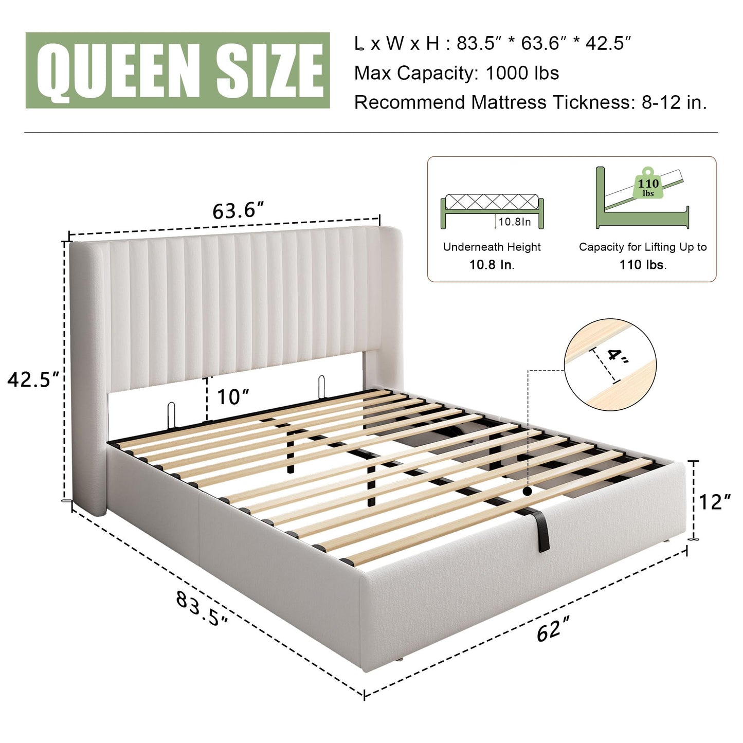 Feonase Queen Size Lift Up Storage Bed Frame, Velvet Upholstered Platform Bed Frame with Wingback Headboard, Hydraulic Storage, No Box Spring Needed, White