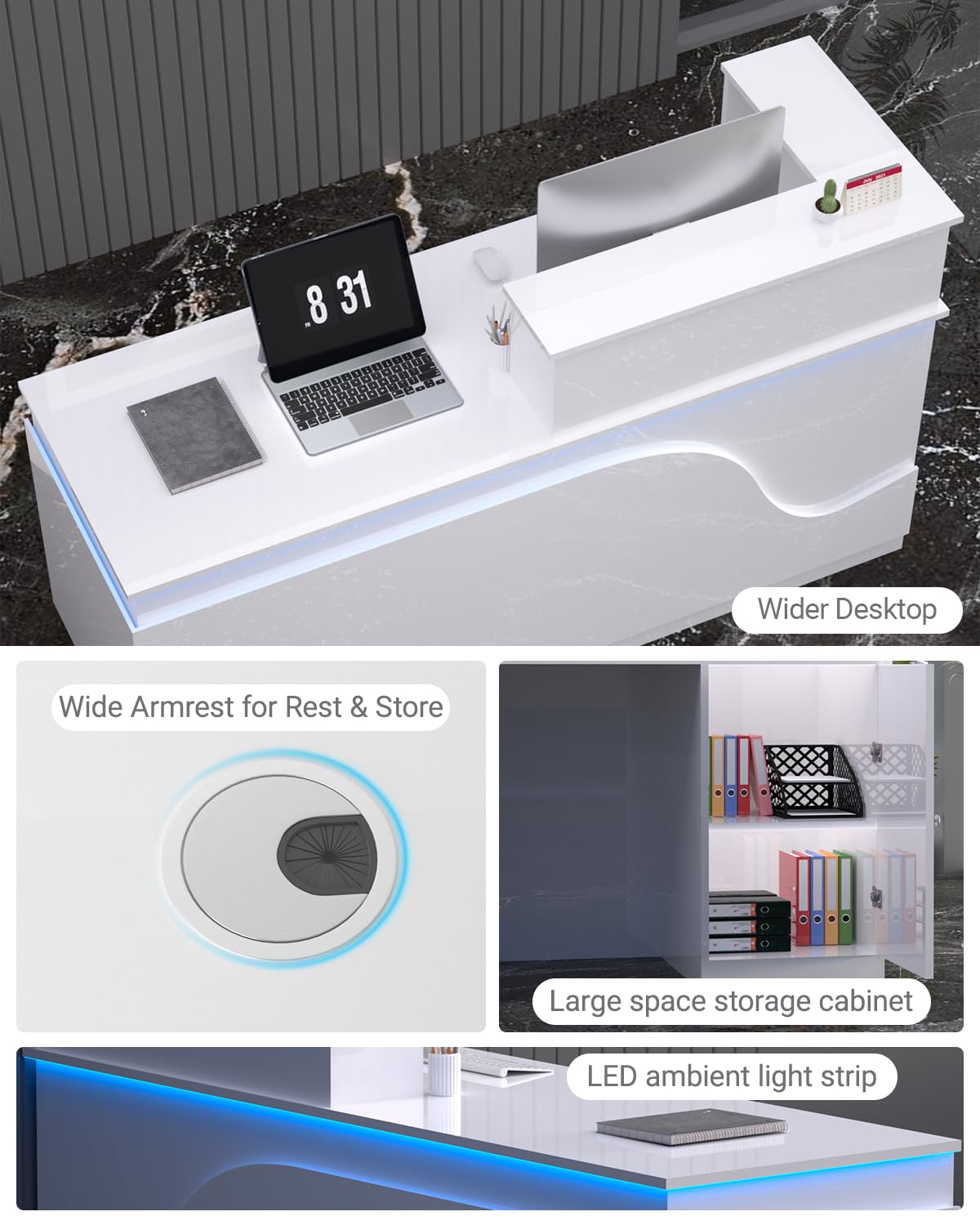 Salon Reception Desk with Counter, Front Desk Reception Counter with Lockable Drawer & Cabinet, Retail Checkout for Home Office, SOHO, Shop, Salon (White, R-63 * 23.6 * 39.3in)