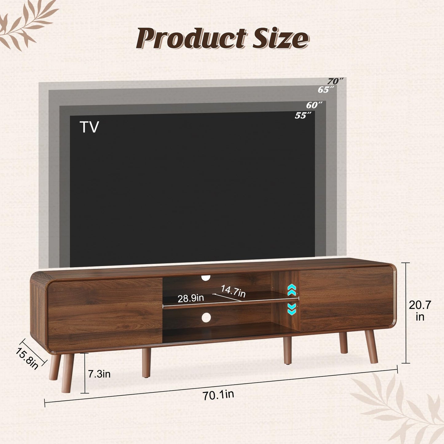 Nasonet 70" Mid Century Modern TV Stand for Tvs up to 80", Entertainment Center with Storage, Sideboard Media Console for Living Room with 2 Sliding Door/Adjustable Shelves, Walnut