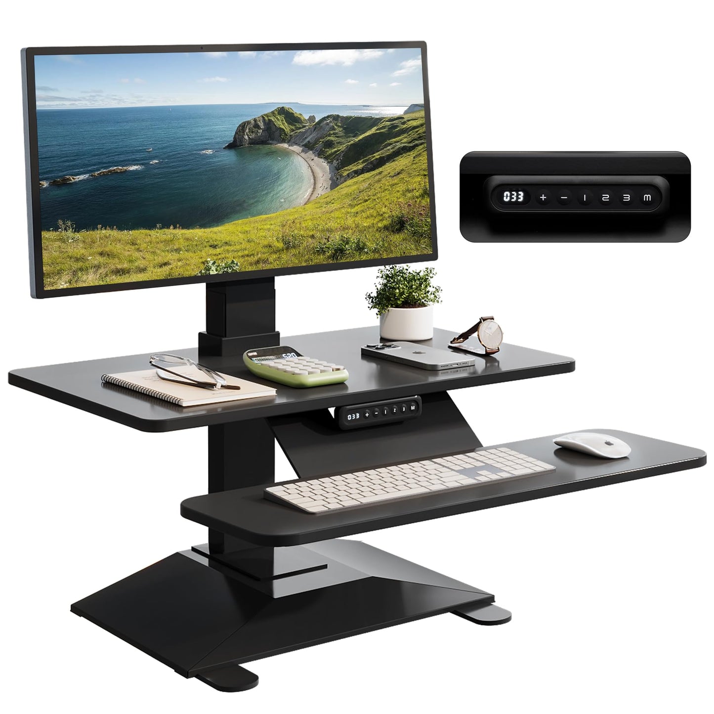 Electric Standing Desk Converter 28" Wide, Height Adjustable Desk Riser, Computer Workstation, Sit-Stand Convertor for Home, Office, School (Black, 1 Arm Included)