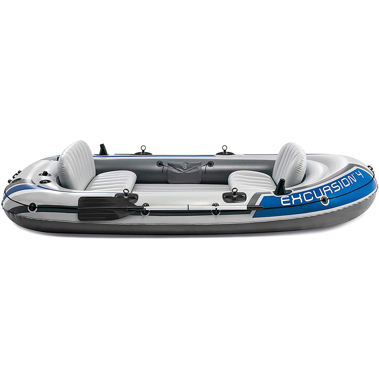 Intex 68324EP Excursion 4 Inflatable Boat Set: Includes Deluxe 54in Boat Oars and High-Output Pump – Adjustable Seats with Backrest – Fishing Rod Holders – 4-Person – 1100lb Weight Capacity